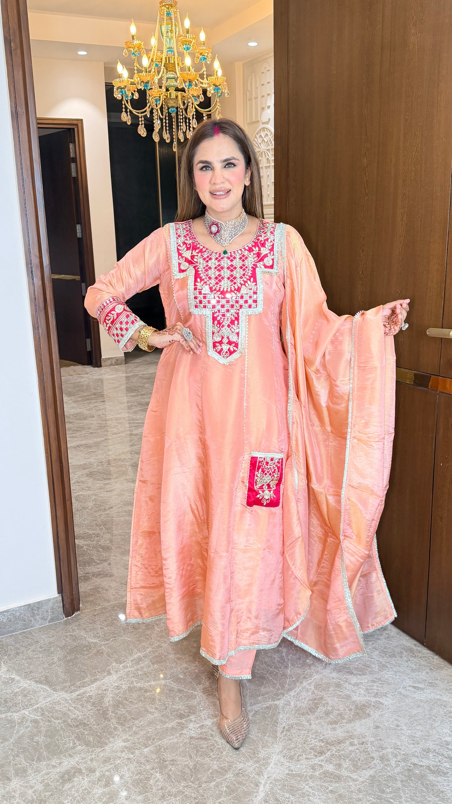 Elegant peach-colored silk anarkali kurta set PC3539