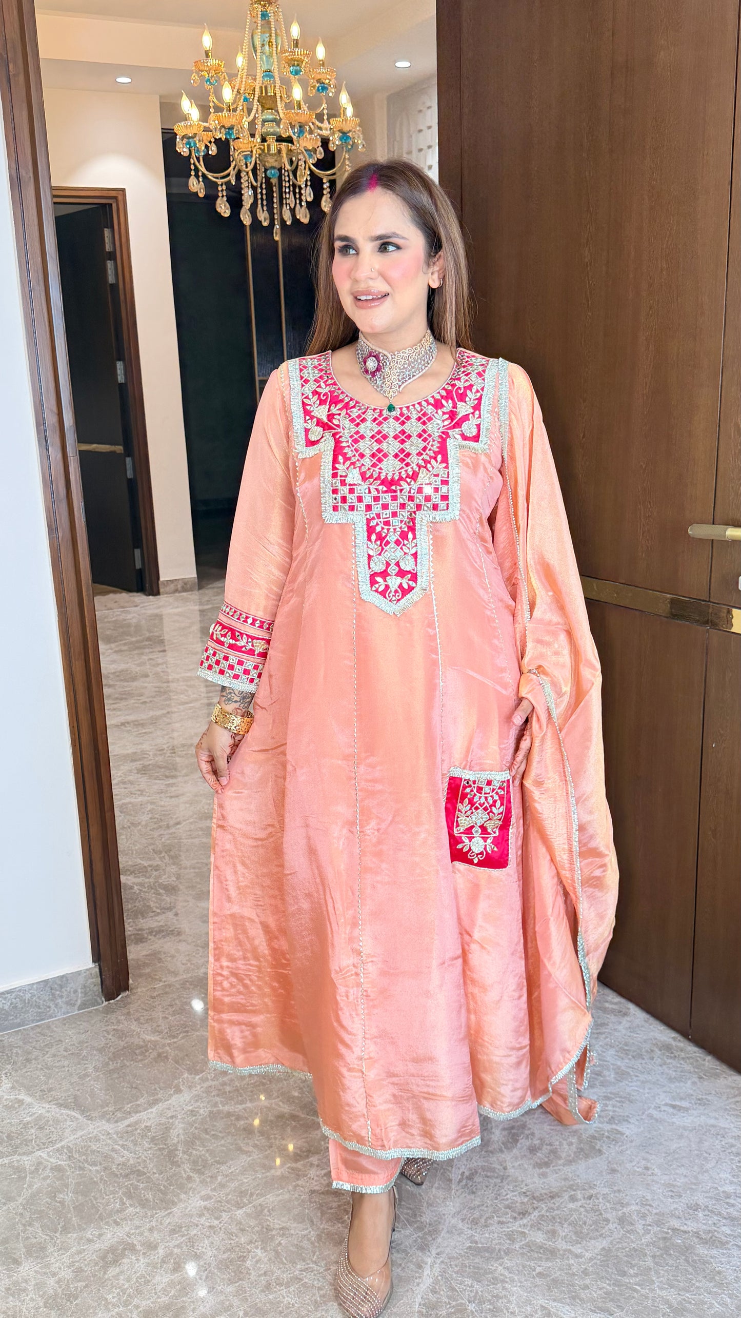 Elegant peach-colored silk anarkali kurta set PC3539