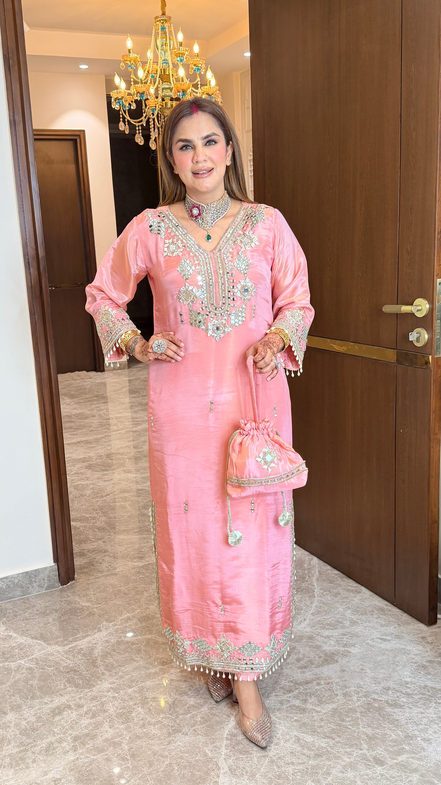 Elegant soft pink silk-blend long straight-cut festive kurta set PC3541
