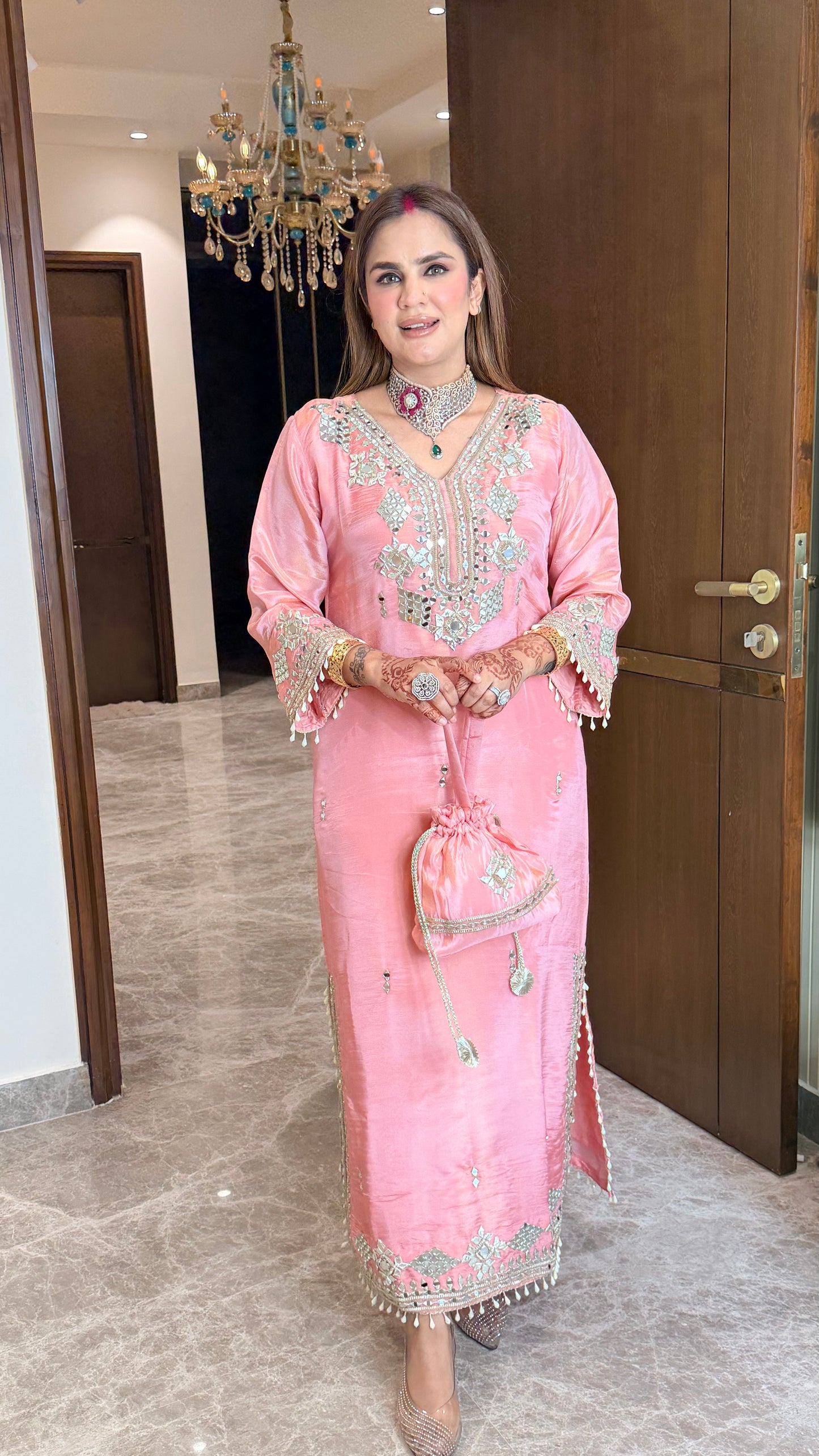 Elegant soft pink silk-blend long straight-cut festive kurta set PC3541