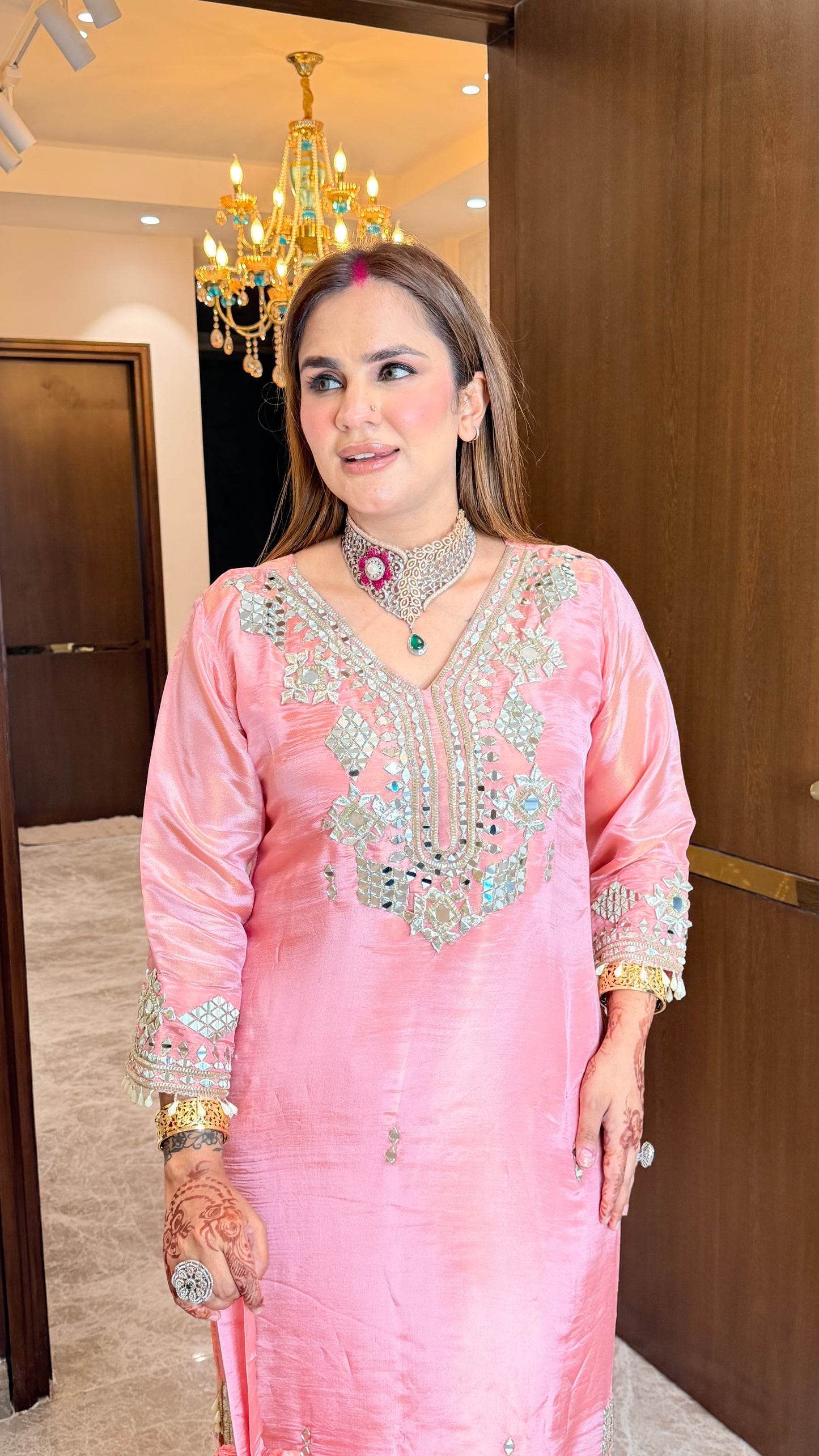 Elegant soft pink silk-blend long straight-cut festive kurta set PC3541