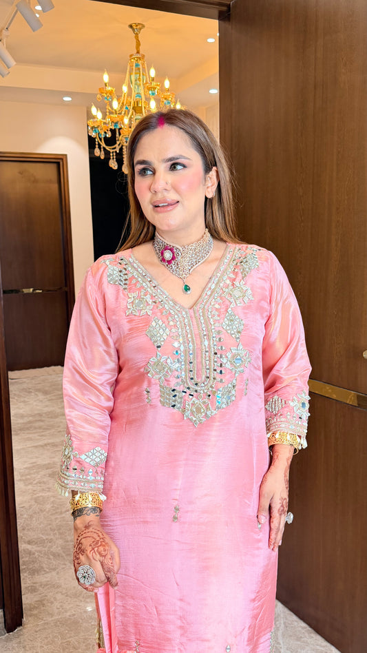 Elegant soft pink silk-blend long straight-cut festive kurta set PC3541