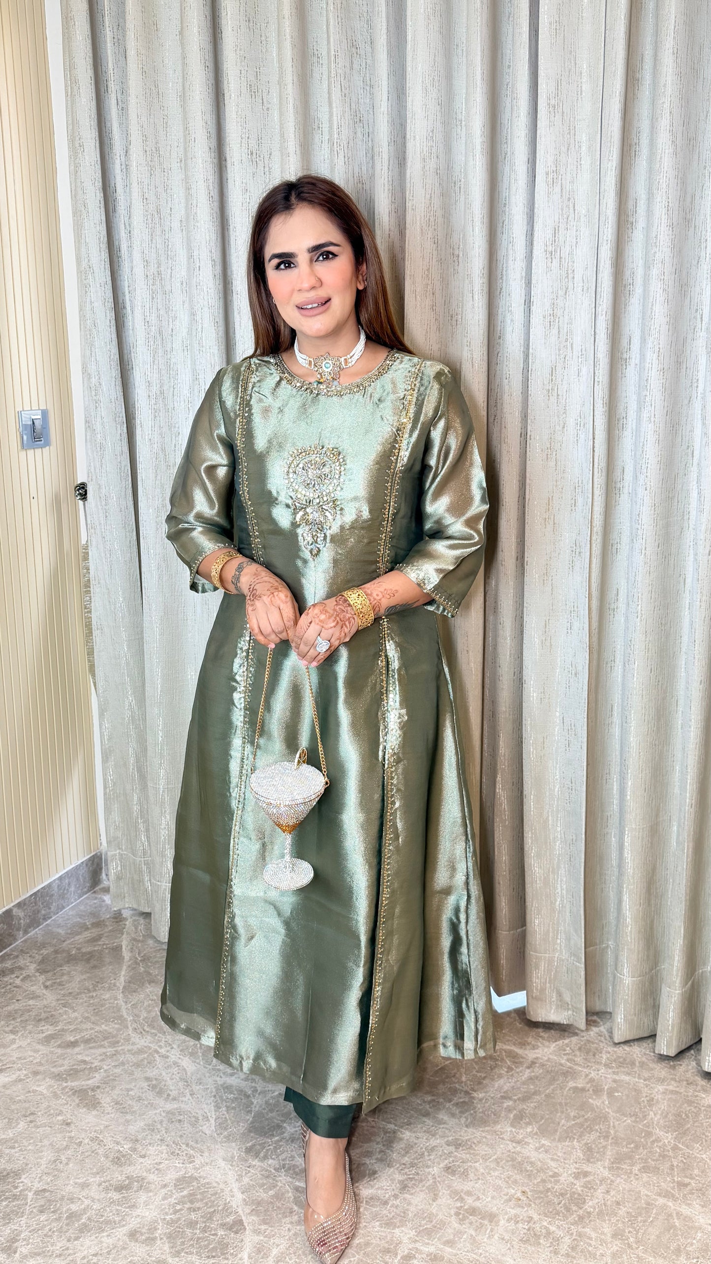 Elegant green metallic-finish tissue silk kurta set PC3547