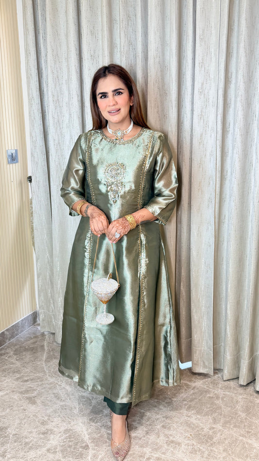 Elegant green metallic-finish tissue silk kurta set PC3547