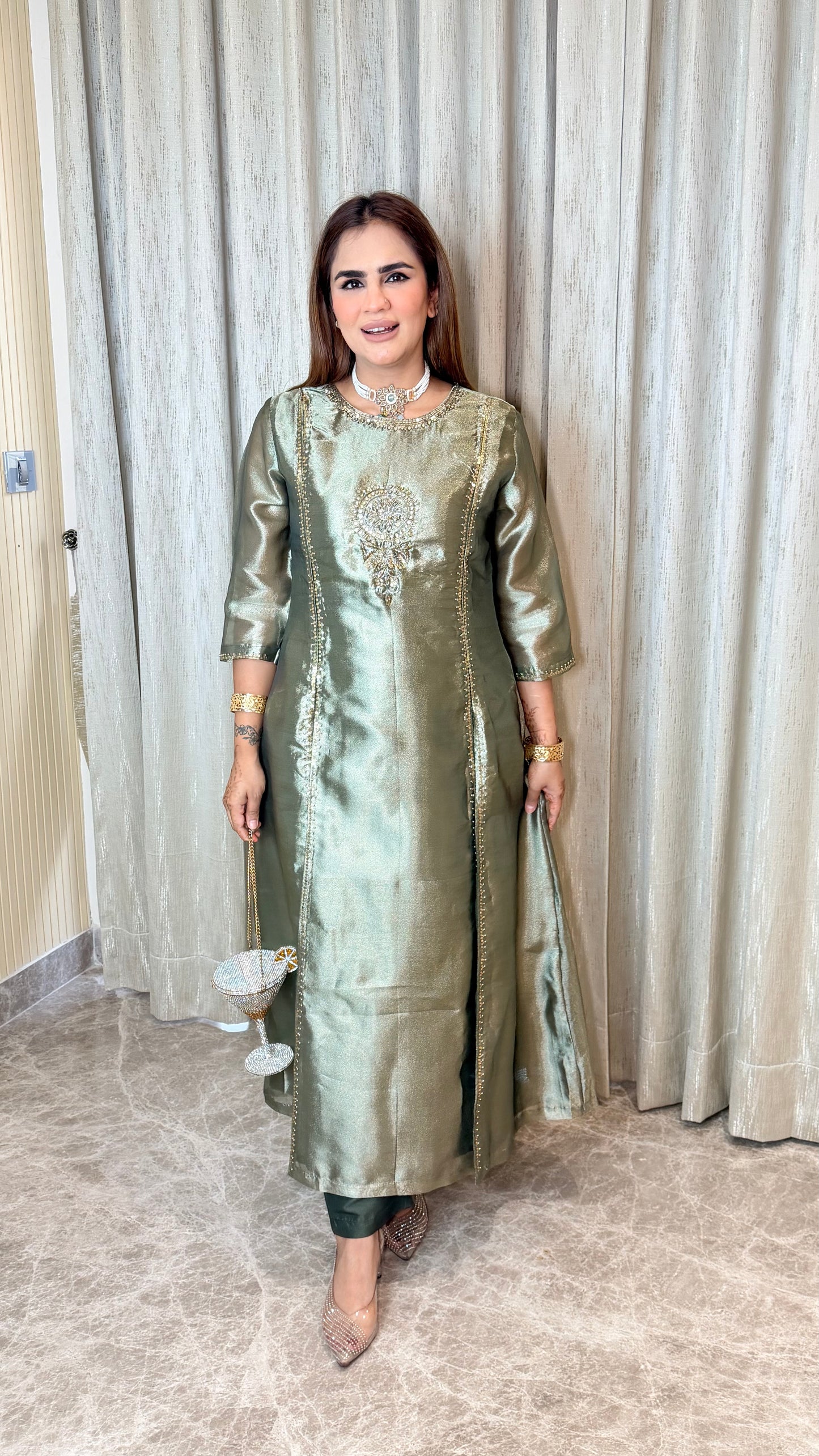 Elegant green metallic-finish tissue silk kurta set PC3547