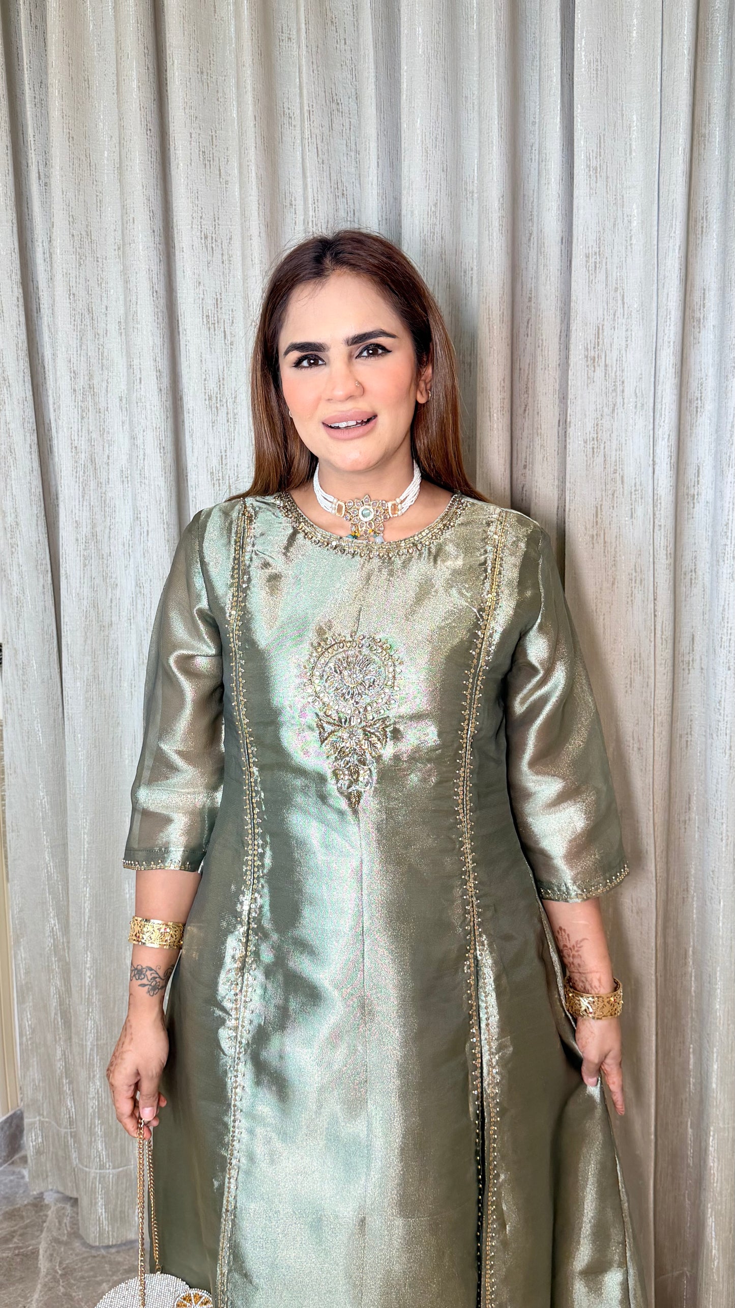 Elegant green metallic-finish tissue silk kurta set PC3547
