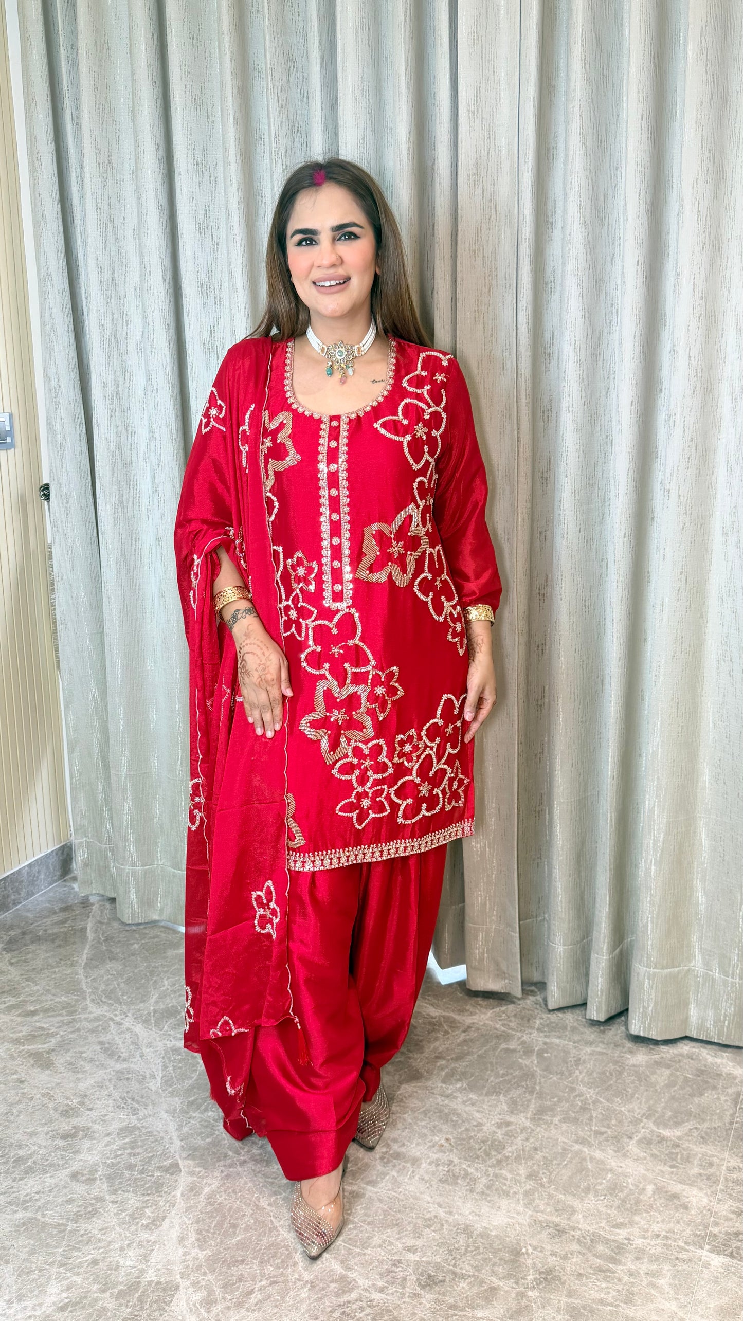 Elegant red silk or satin ethnic suit set PC3548