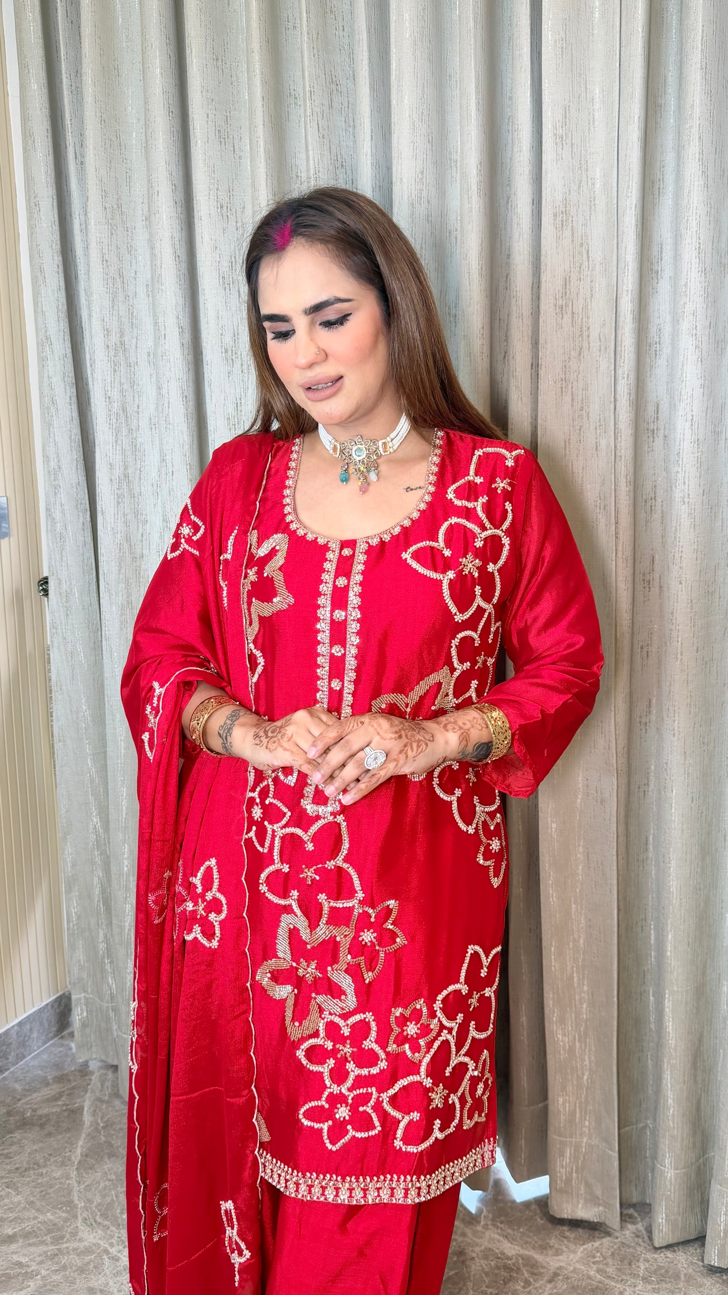 Elegant red silk or satin ethnic suit set PC3548