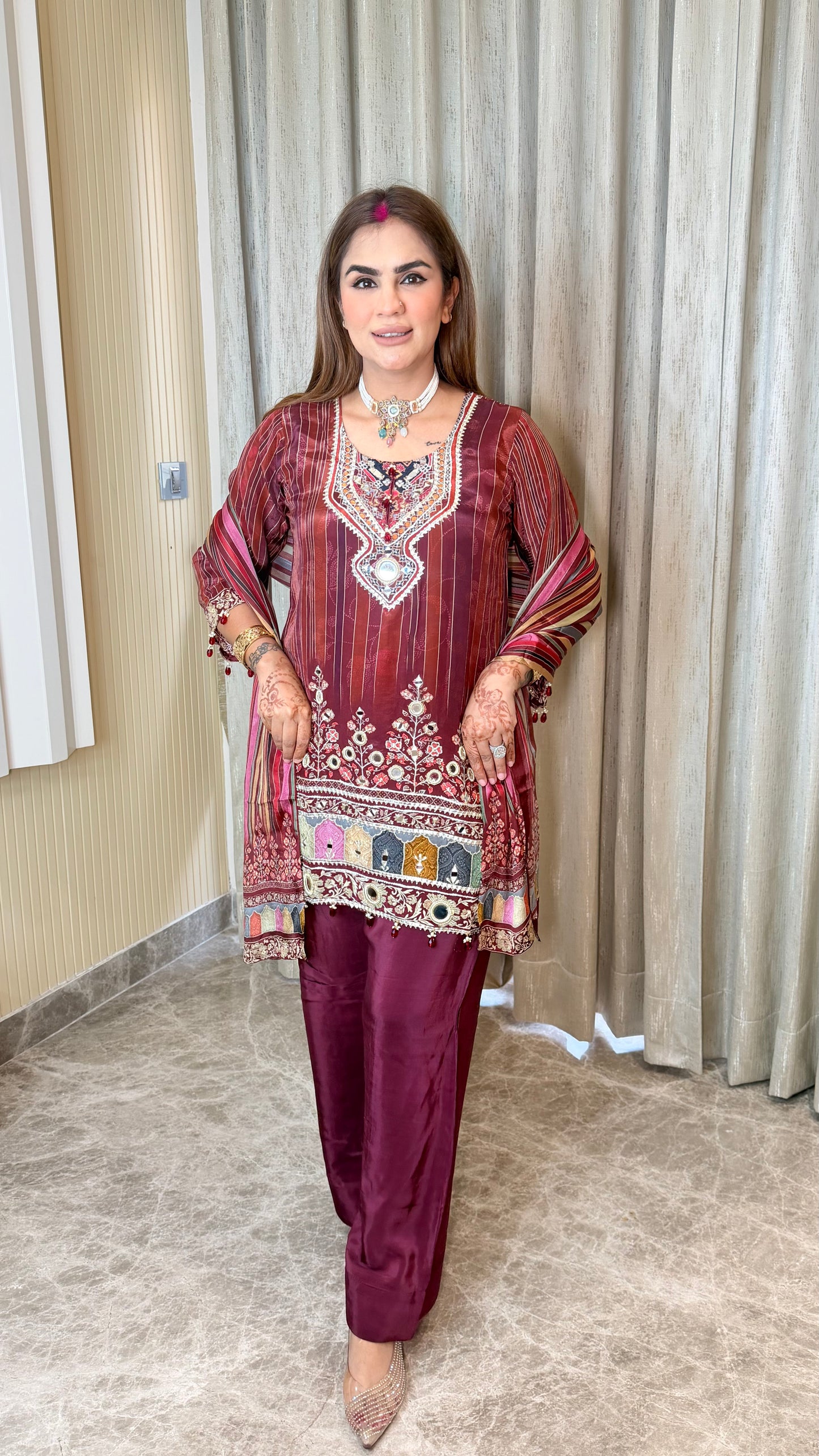 Elegant Ethnic maroon chinon silk embellished short kurta PC3549