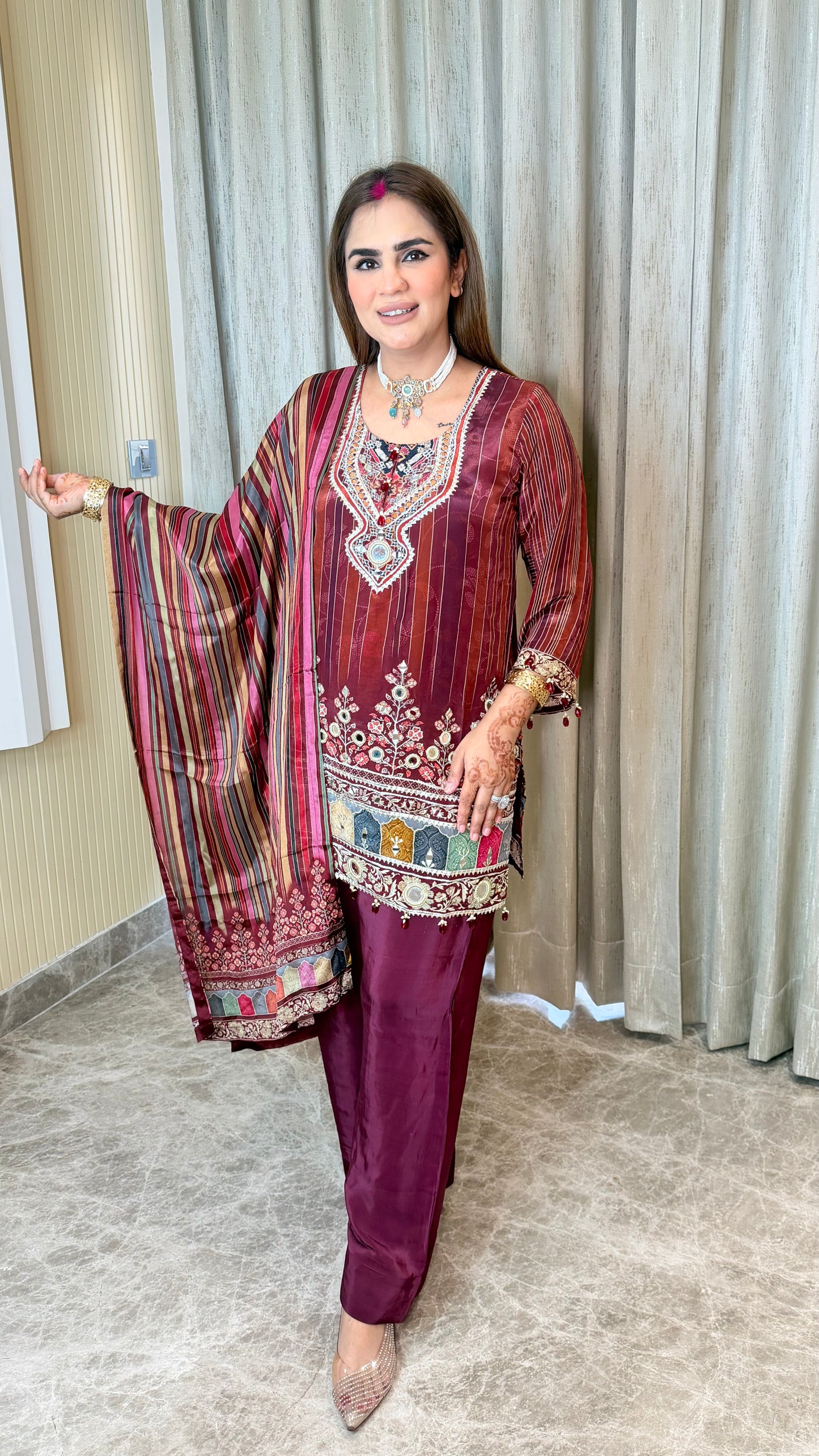 Elegant Ethnic maroon chinon silk embellished short kurta PC3549