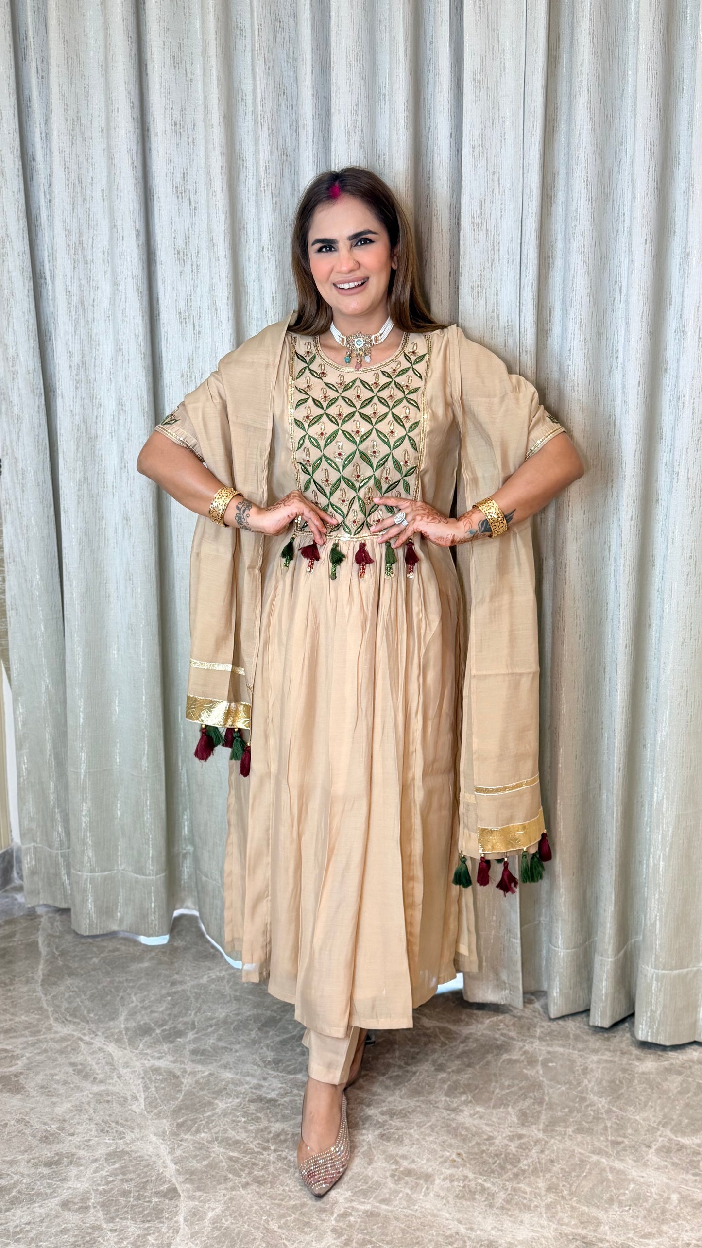 Beautiful beige three-piece ethnic suit set PC3550