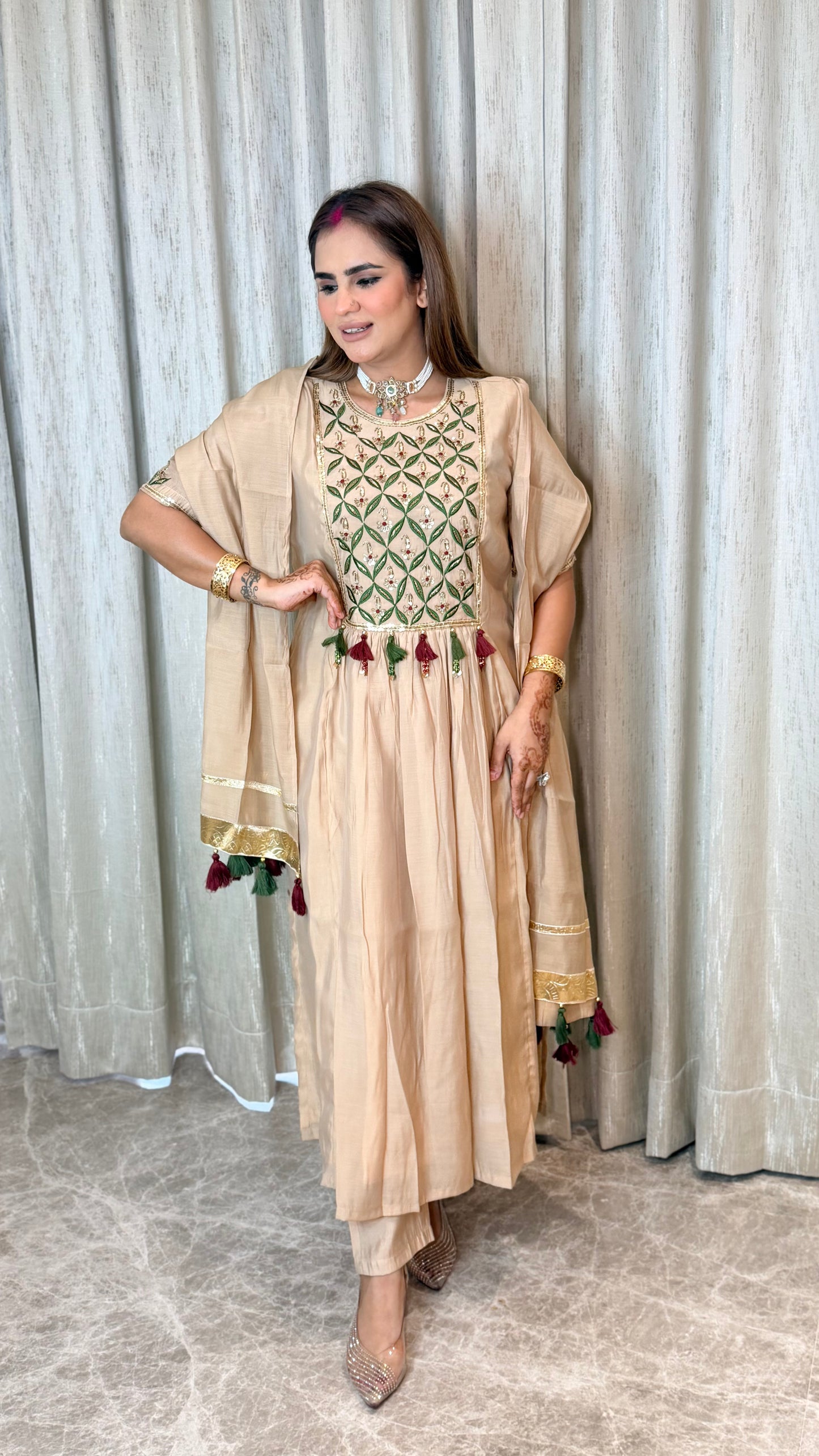 Beautiful beige three-piece ethnic suit set PC3550