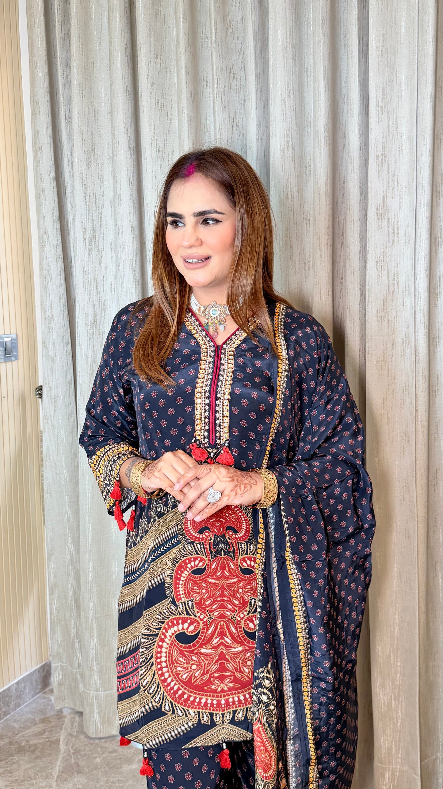 Beautiful navy blue crepe digital-printed suit set PC3553