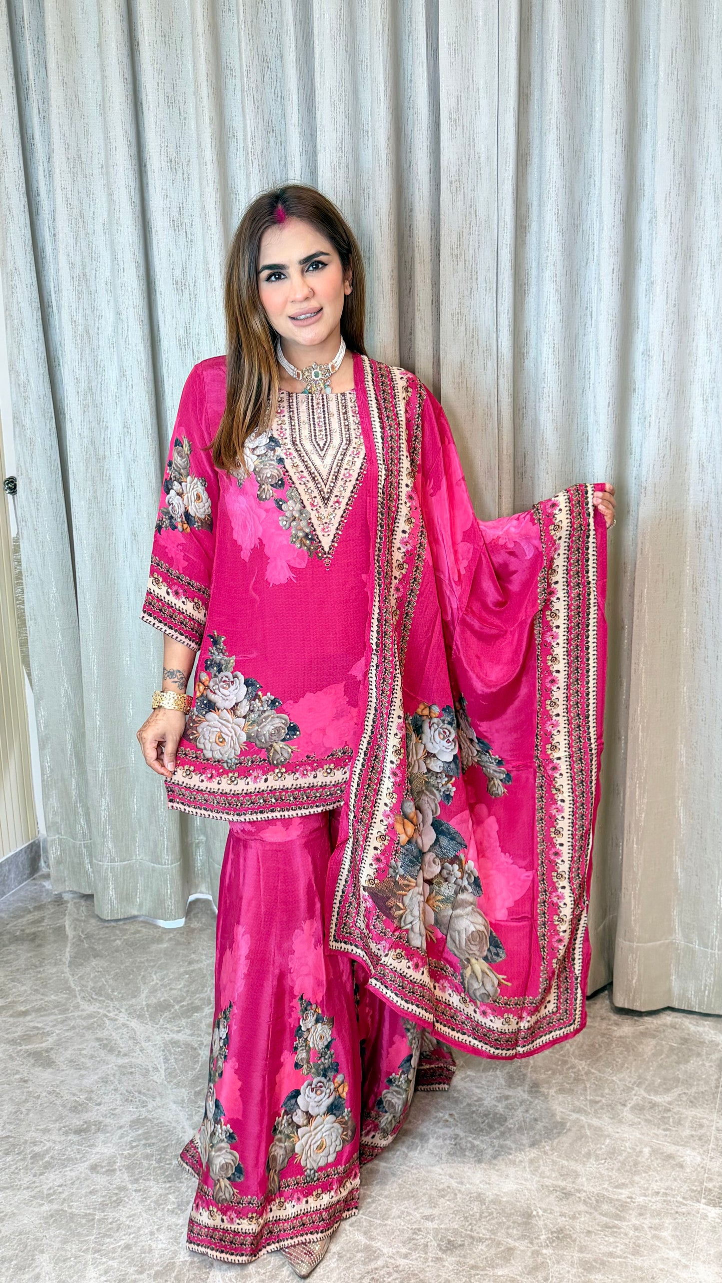 Beautiful pink floral-printed and embroidered ethnic sharara set PC3555