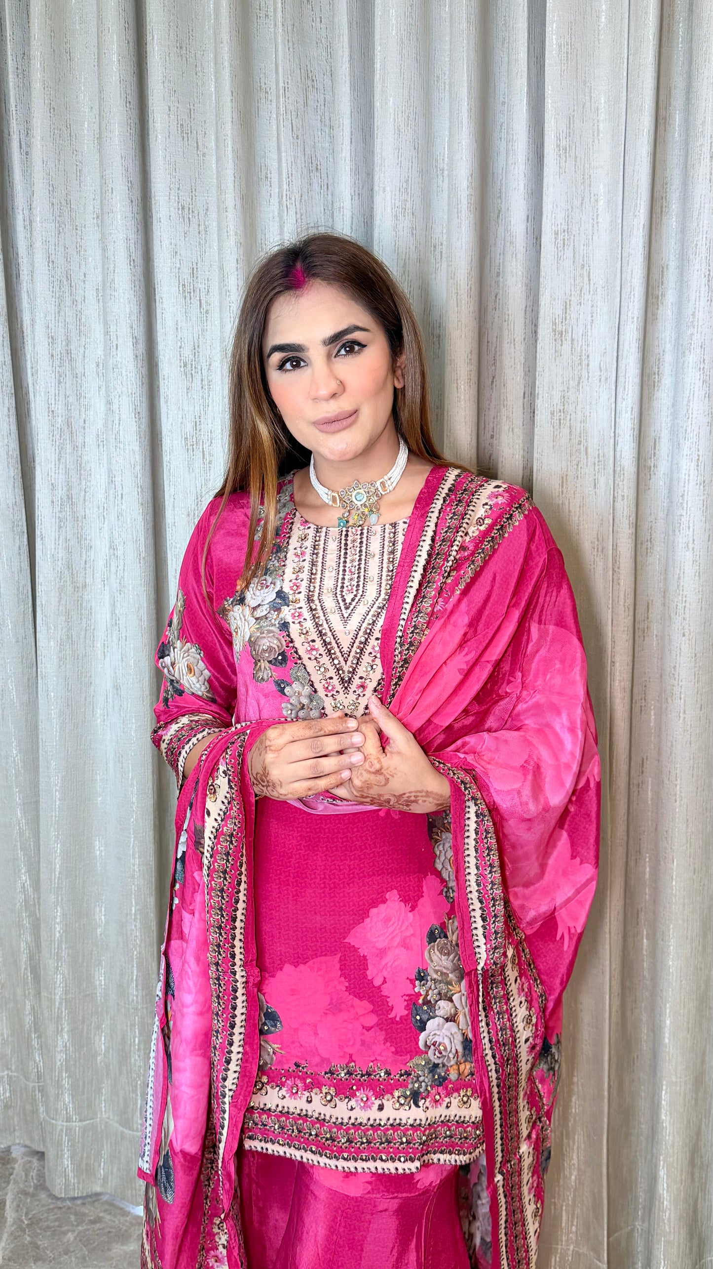 Beautiful pink floral-printed and embroidered ethnic sharara set PC3555