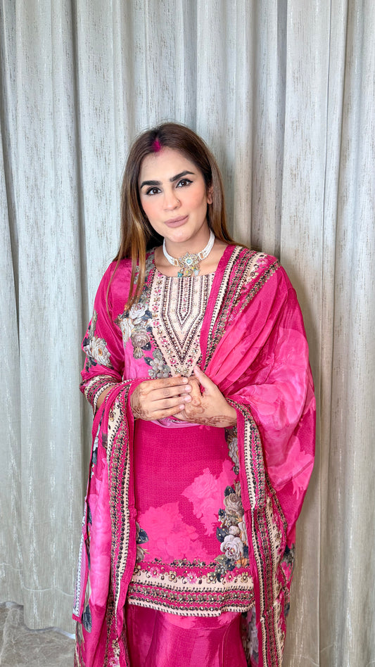 Beautiful pink floral-printed and embroidered ethnic sharara set PC3555