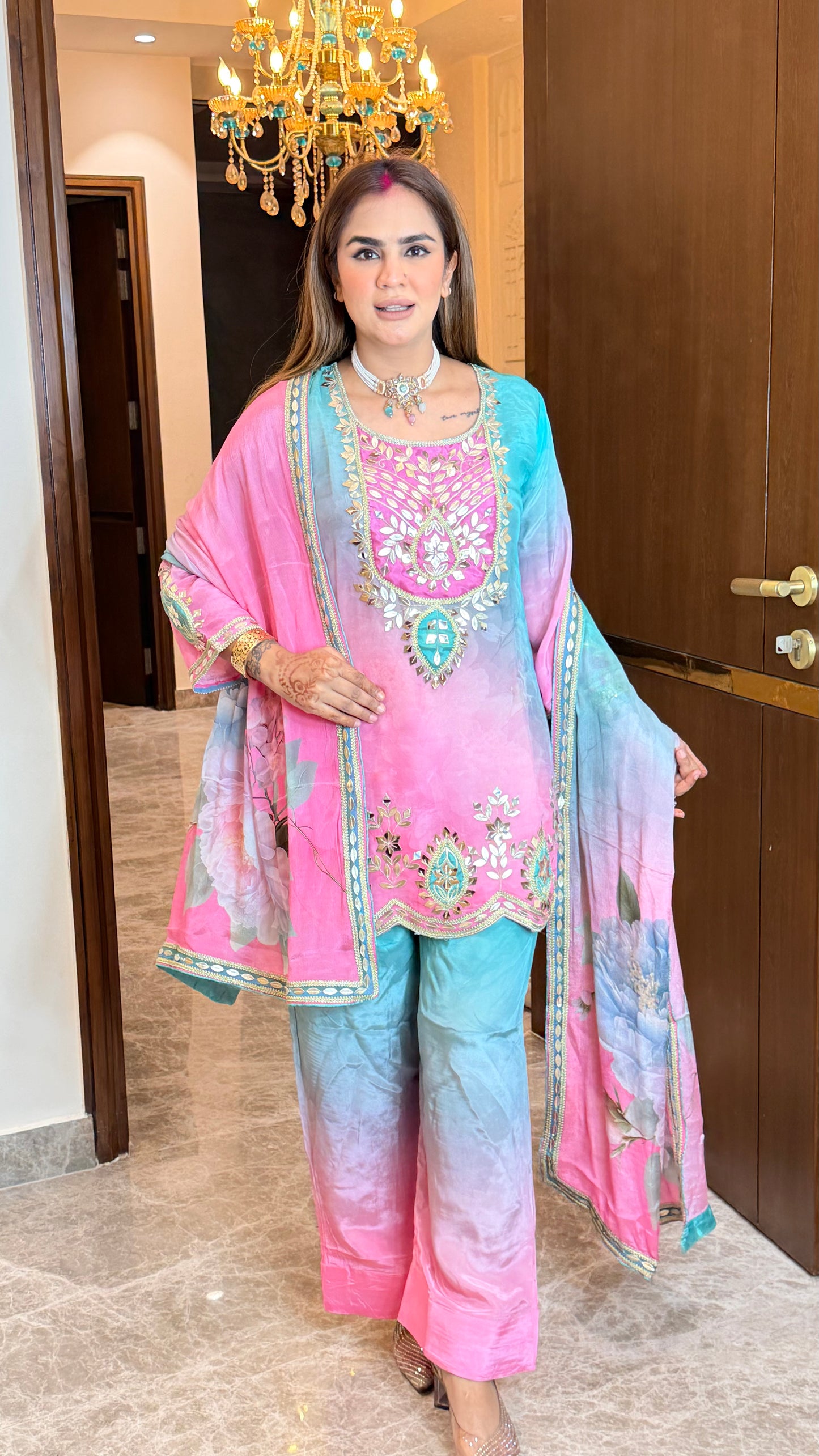 Elegant pink and blue shaded glass tissue ethnic suit set PC3559