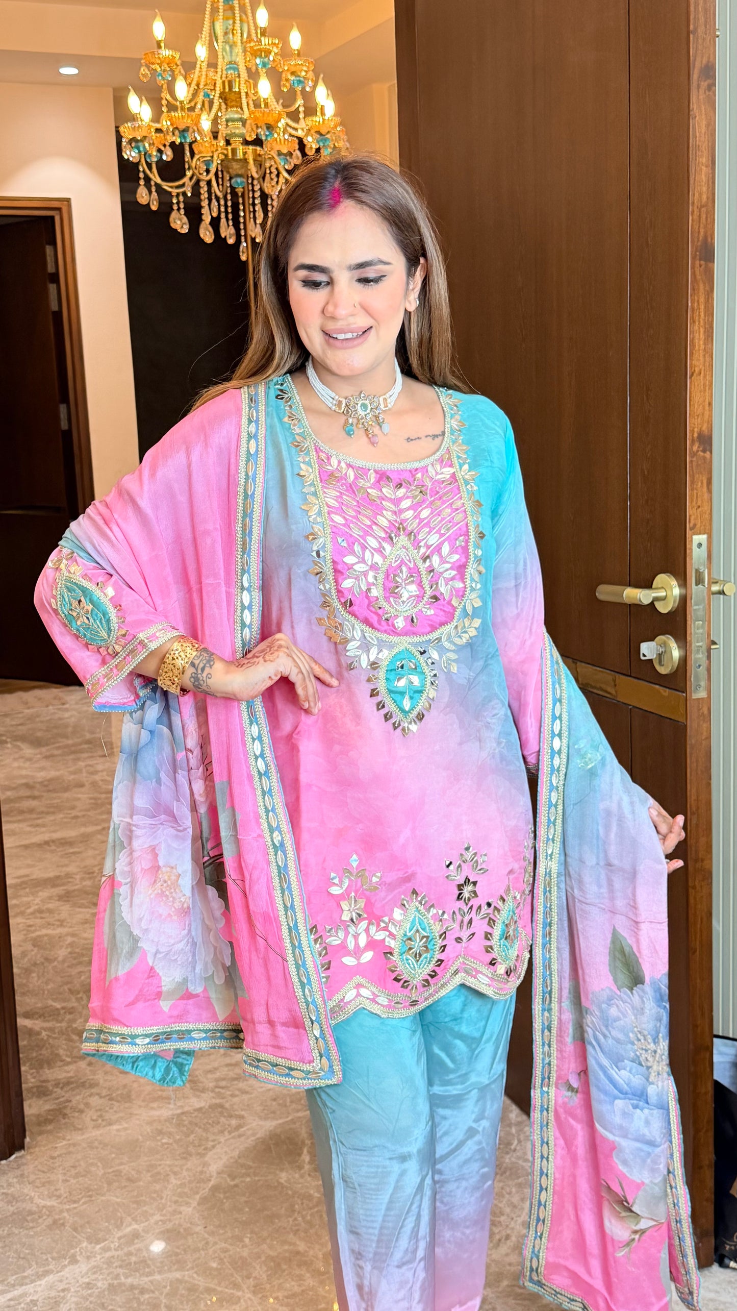 Elegant pink and blue shaded glass tissue ethnic suit set PC3559