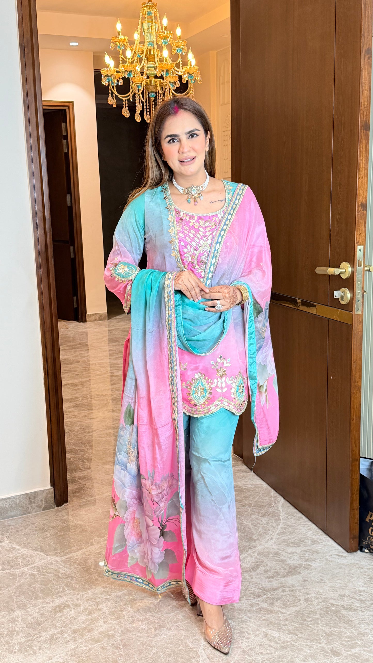Elegant pink and blue shaded glass tissue ethnic suit set PC3559
