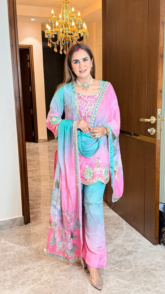 Elegant pink and blue shaded glass tissue ethnic suit set PC3559