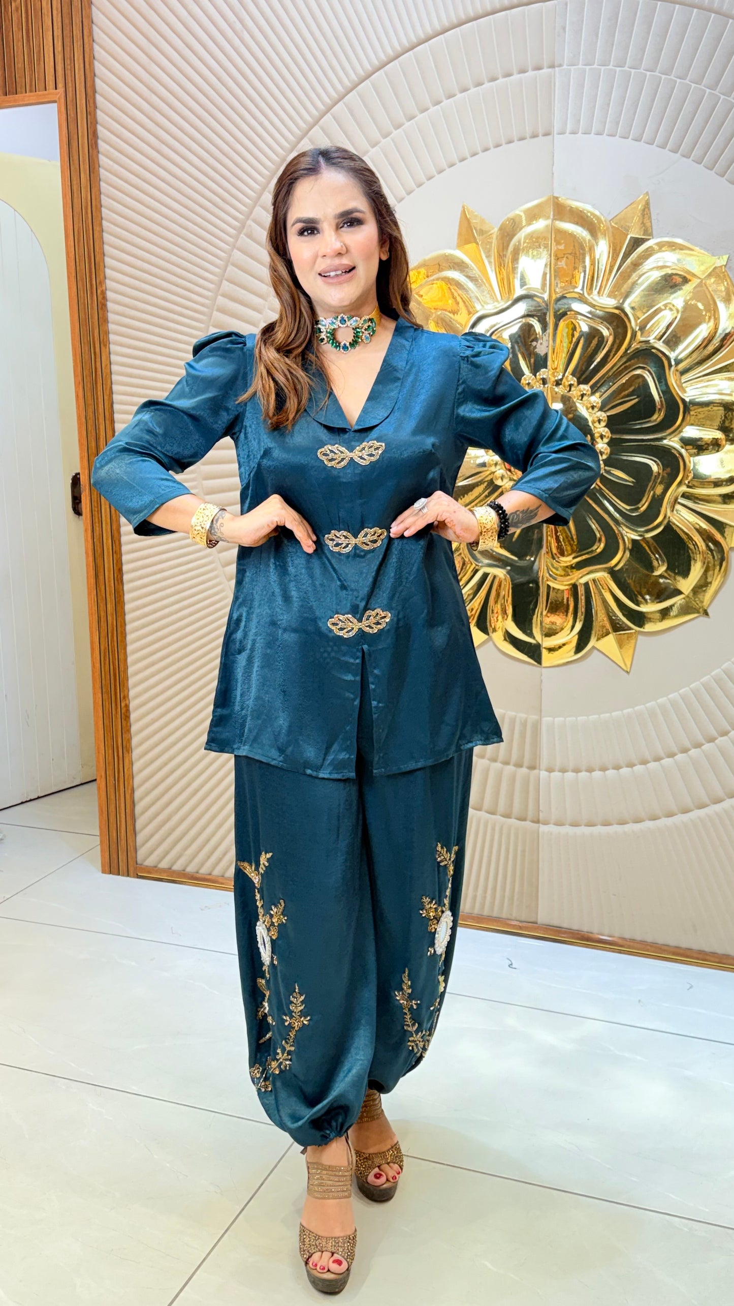 Elegant teal-blue silk or satin co-ord set PC3560