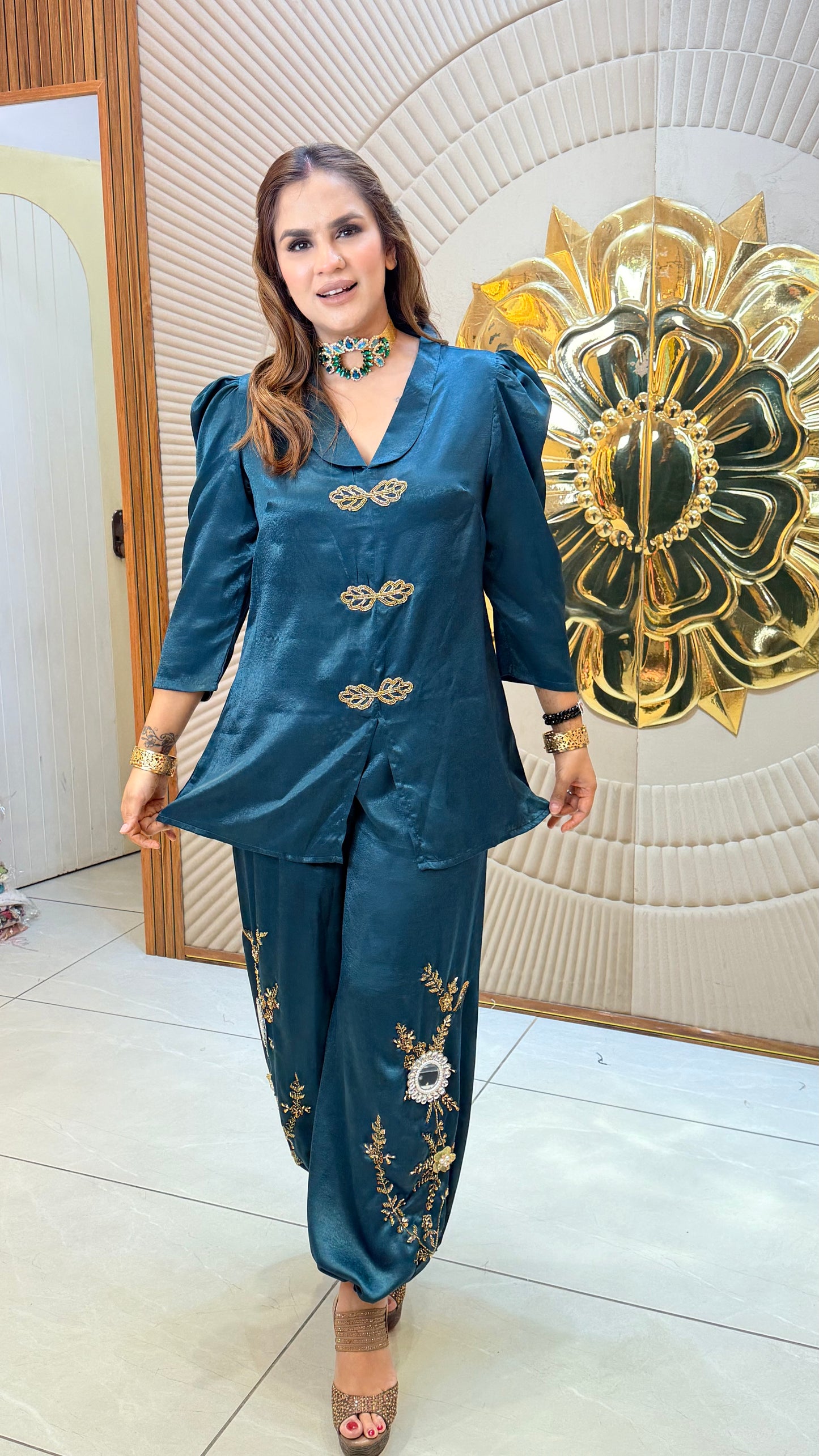 Elegant teal-blue silk or satin co-ord set PC3560