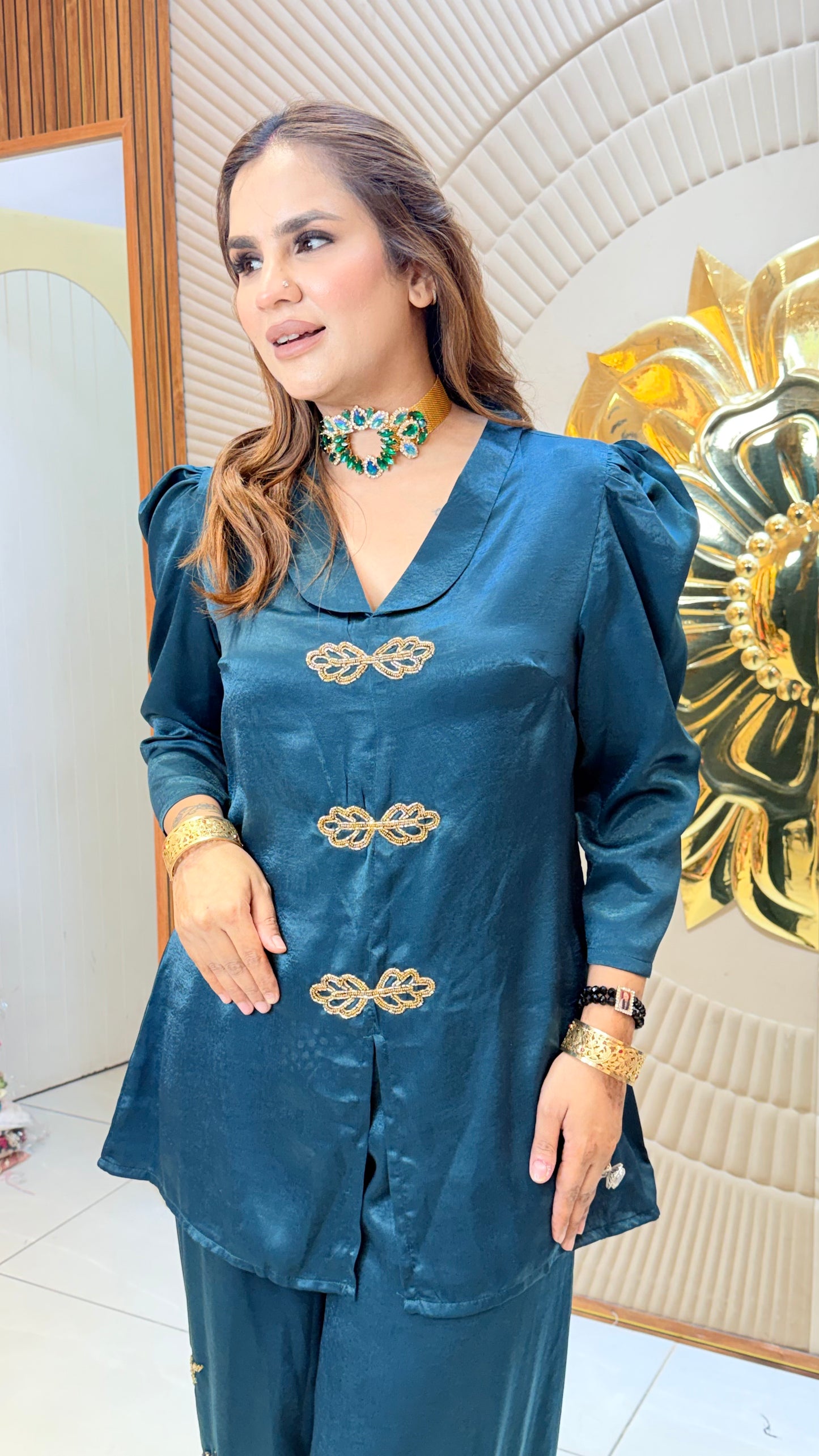 Elegant teal-blue silk or satin co-ord set PC3560