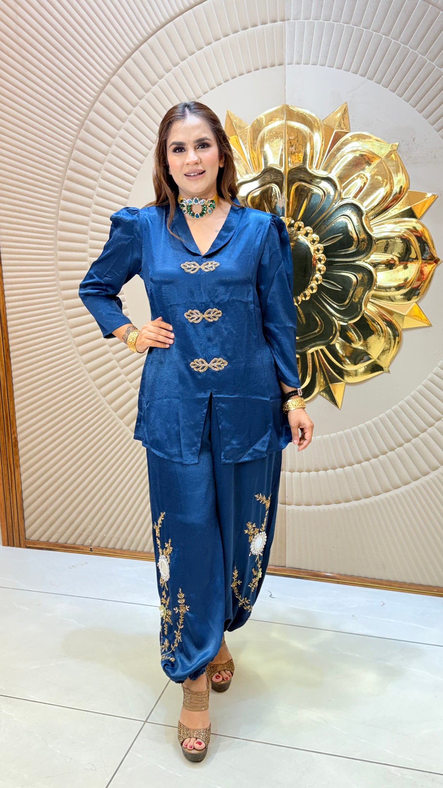 Elegant teal-blue silk or satin co-ord set PC3560