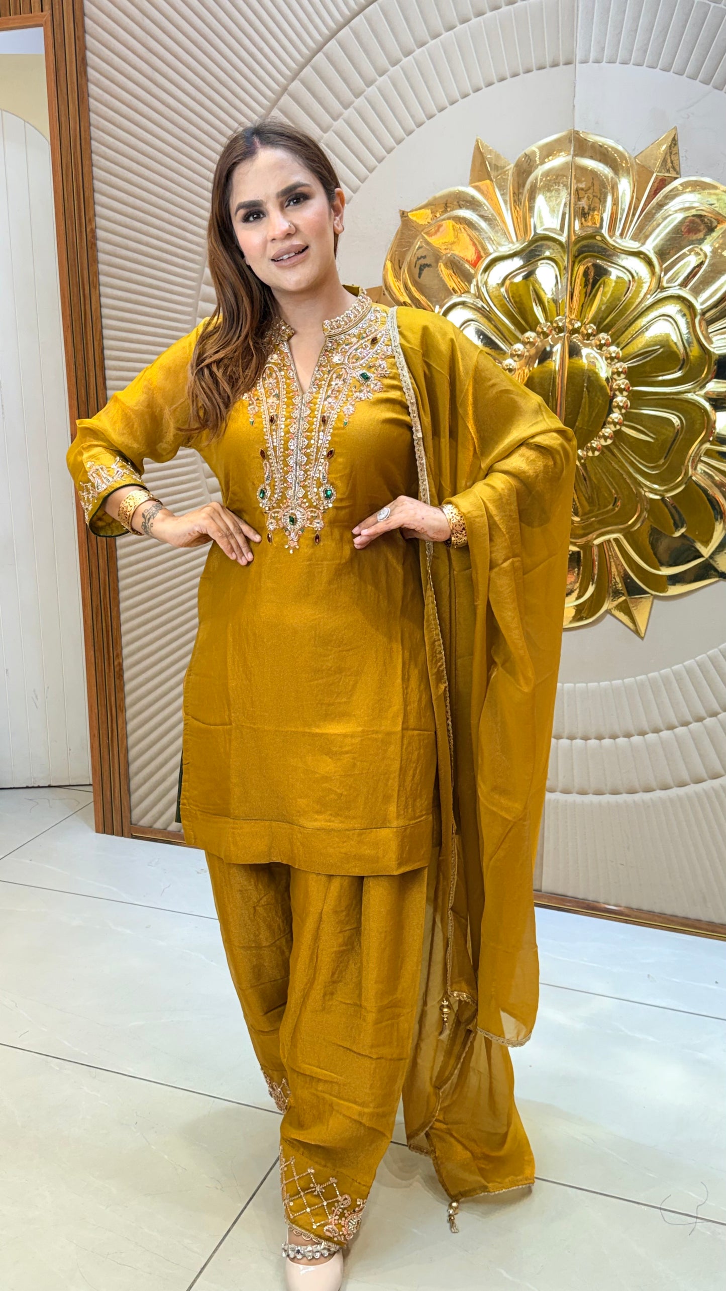 Elegant mustard yellow silk or crepe ethnic suit PC3565