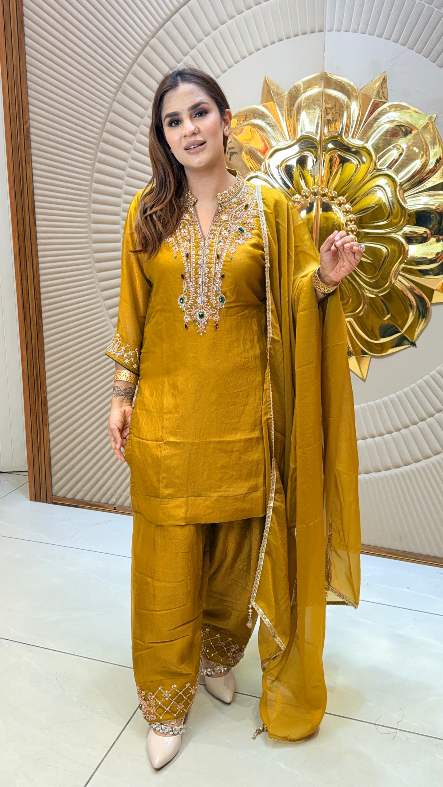 Elegant mustard yellow silk or crepe ethnic suit PC3565