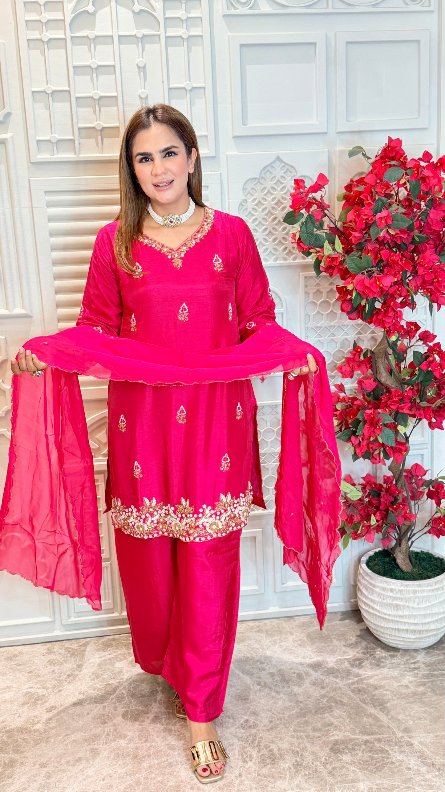 Beautiful pink silk kurta, palazzo, and dupatta set PC3570