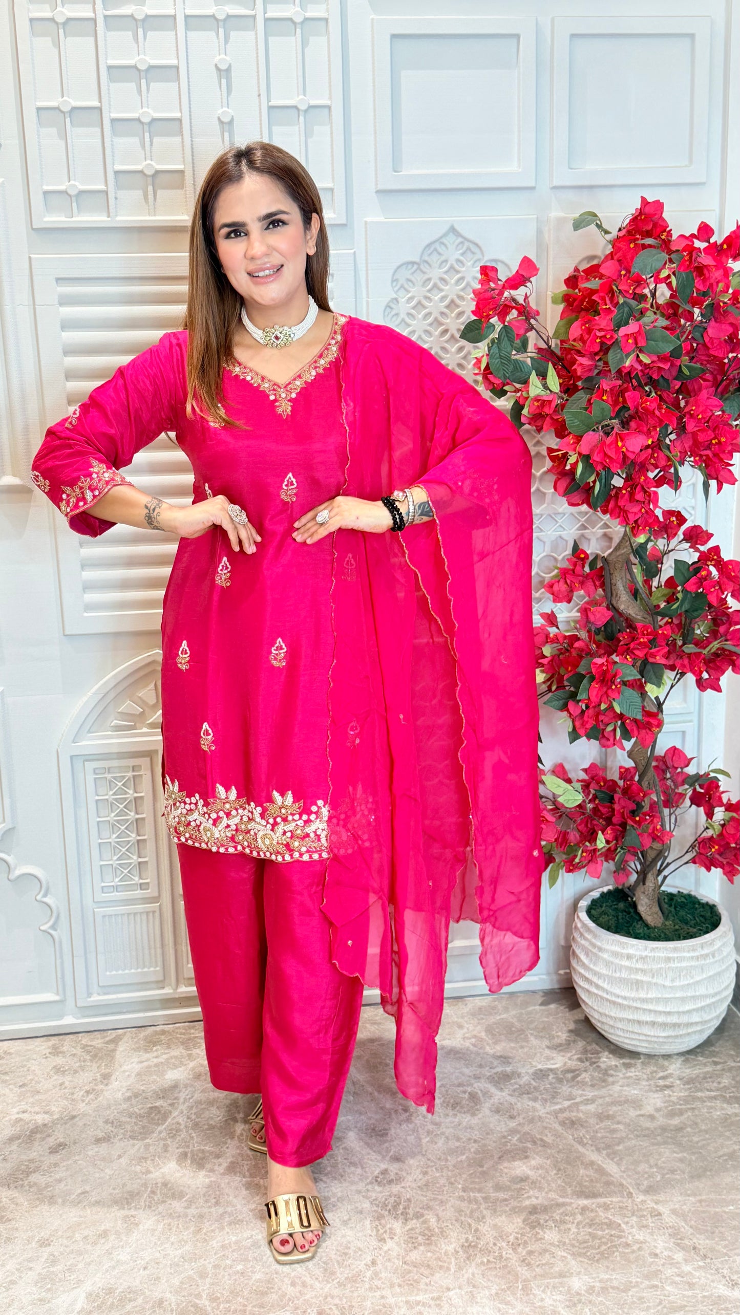 Beautiful pink silk kurta, palazzo, and dupatta set PC3570