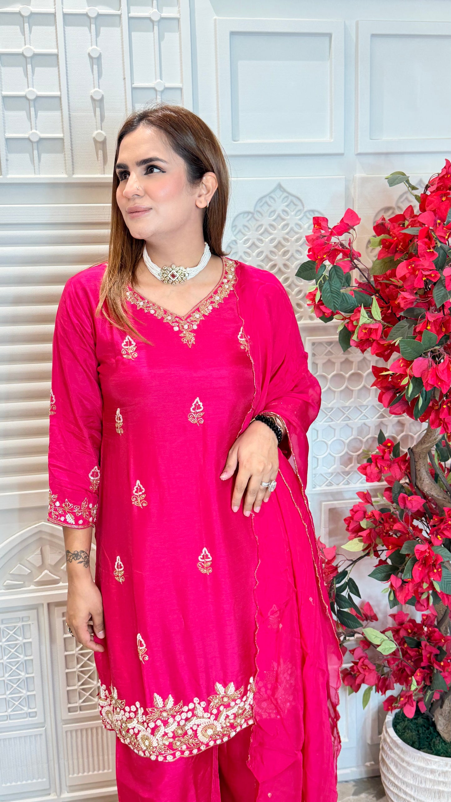 Beautiful pink silk kurta, palazzo, and dupatta set PC3570