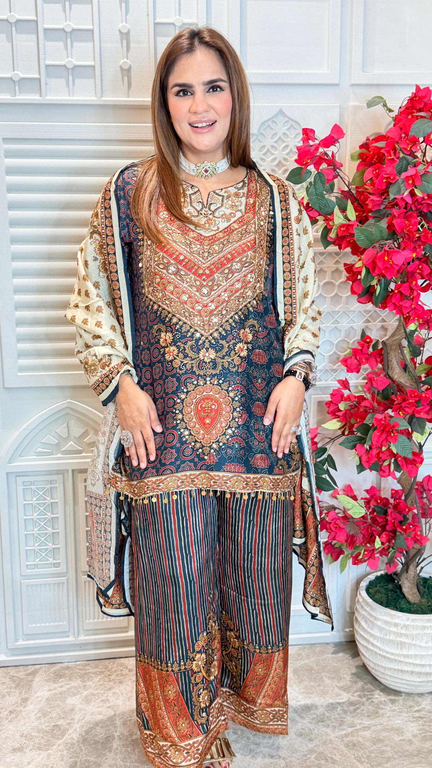 Beautiful printed and embroidered short kurta set PC3573
