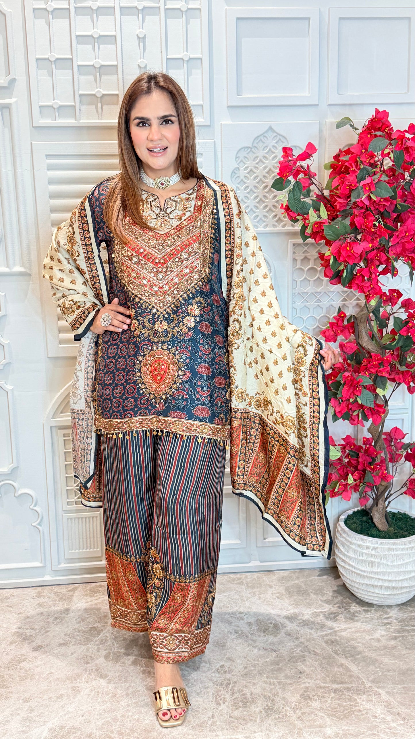 Beautiful printed and embroidered short kurta set PC3573