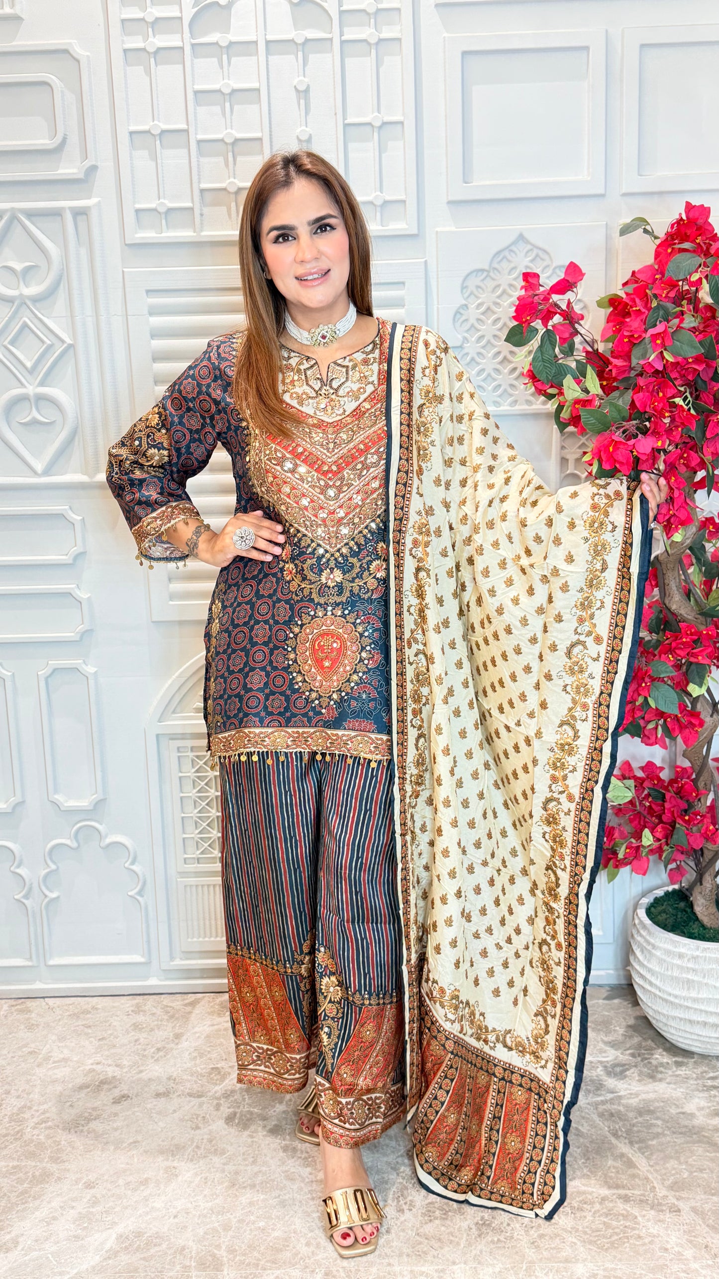 Beautiful printed and embroidered short kurta set PC3573
