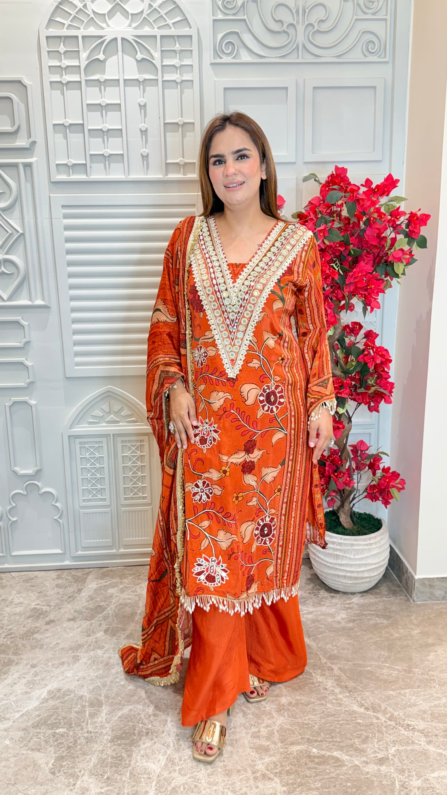 Elegant Orange floral-printed three-piece ethnic suit set PC3578