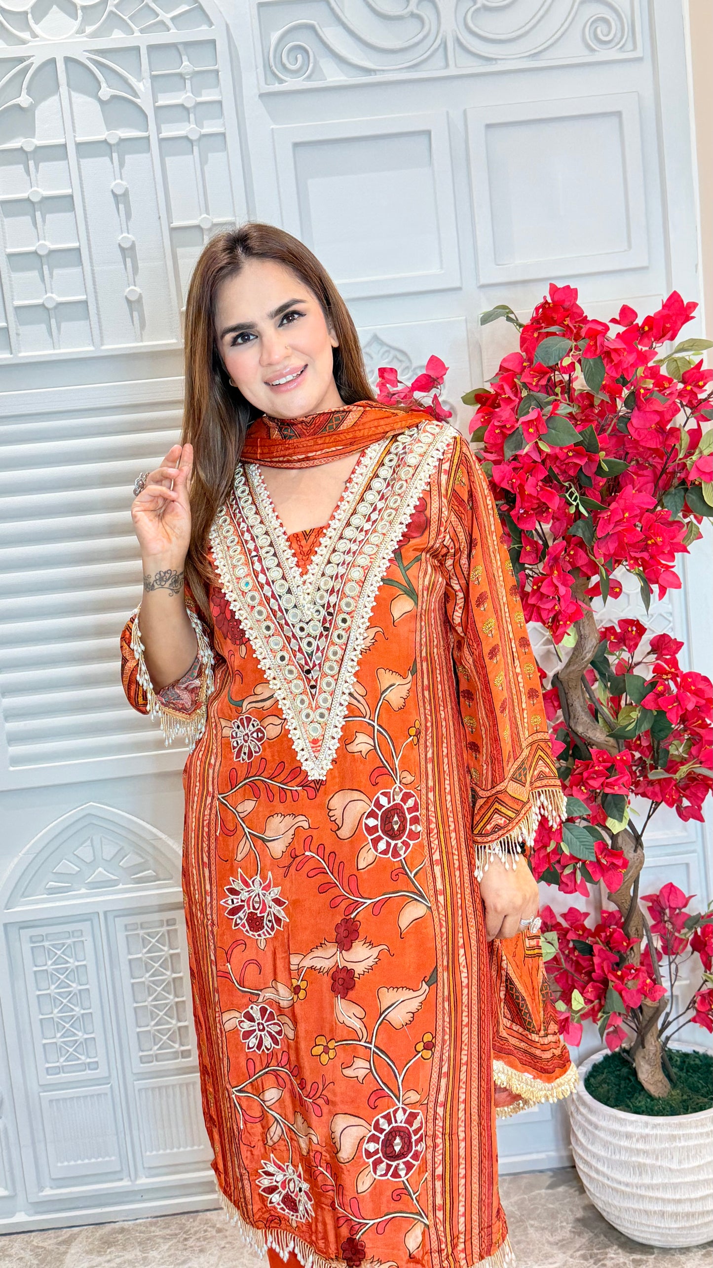 Elegant Orange floral-printed three-piece ethnic suit set PC3578