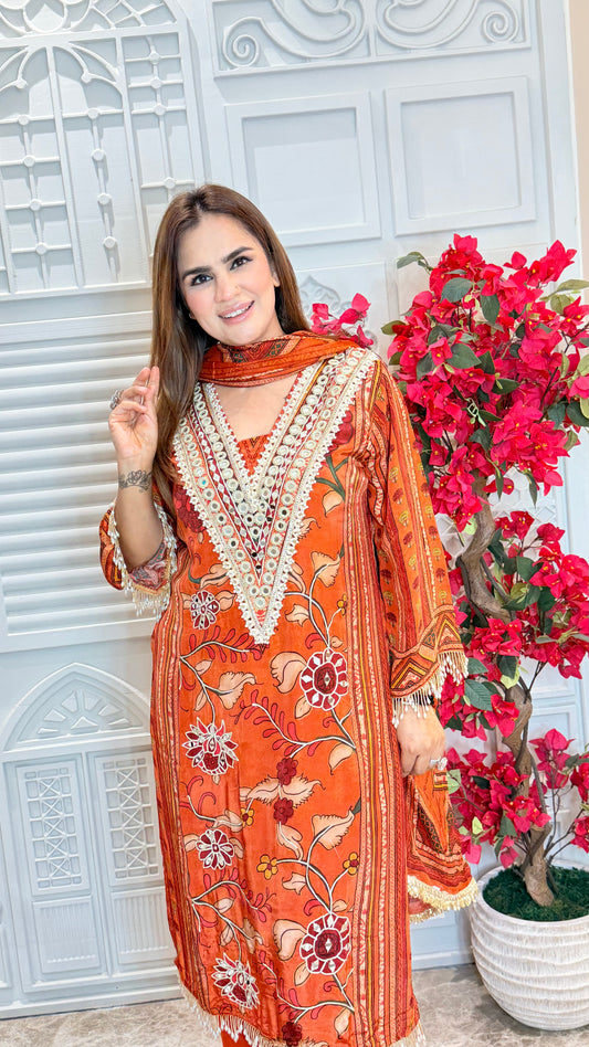 Elegant Orange floral-printed three-piece ethnic suit set PC3578