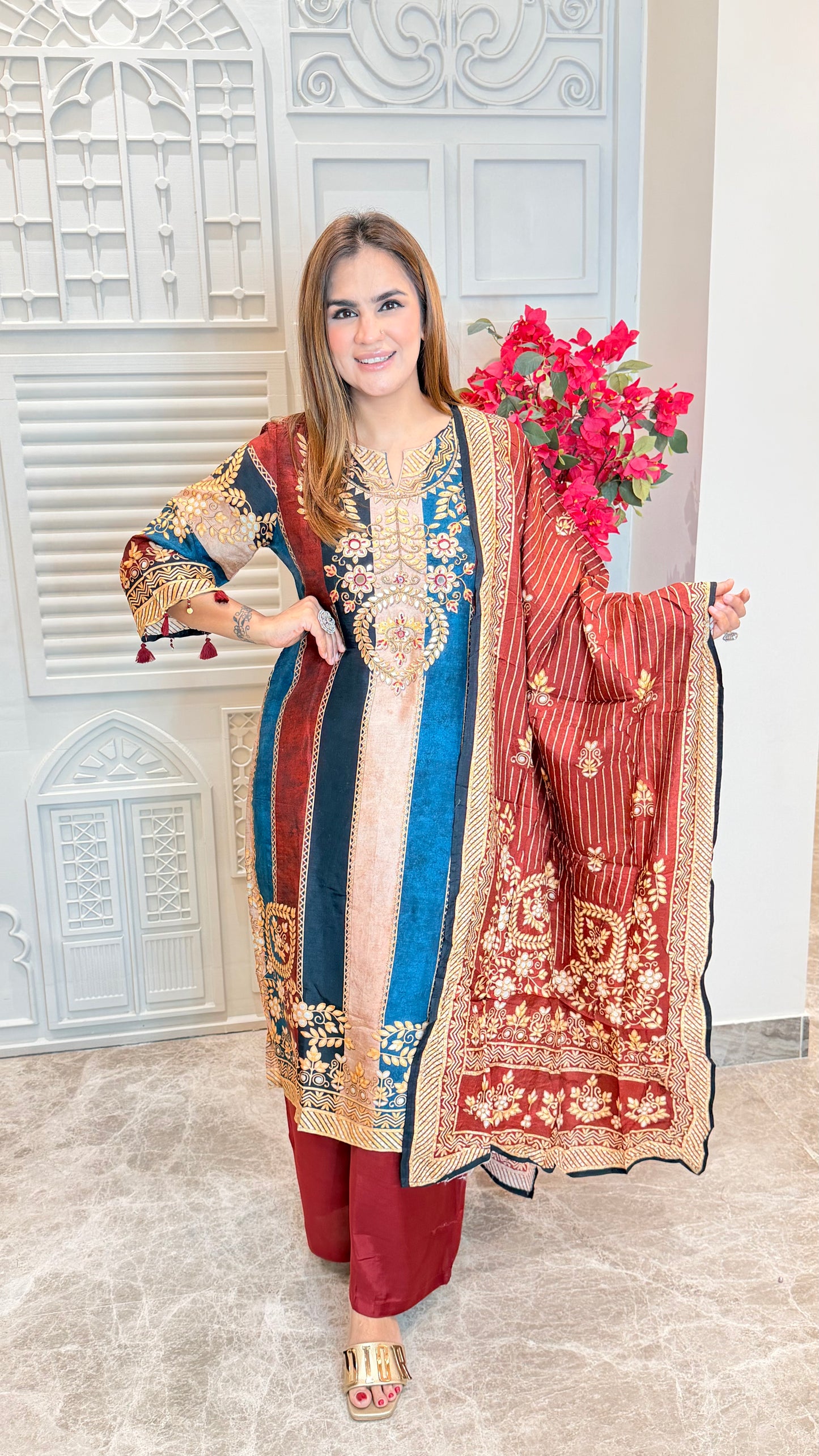 Beautiful multi-colored striped kurta paired with matching plain trousers PC3580