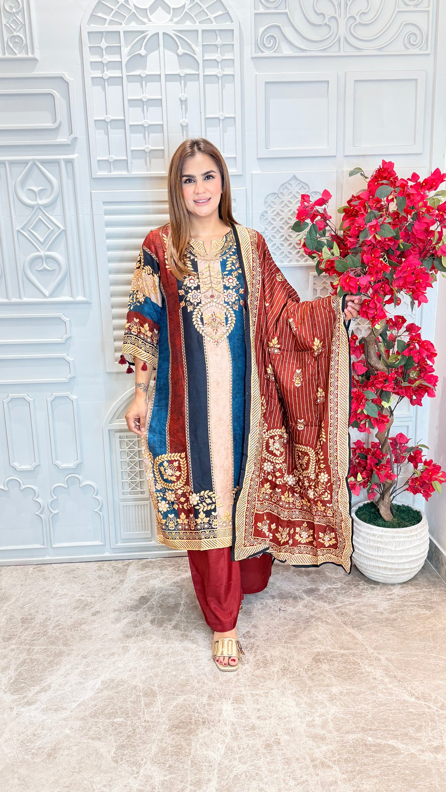 Beautiful multi-colored striped kurta paired with matching plain trousers PC3580