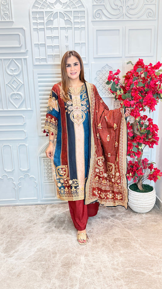 Beautiful multi-colored striped kurta paired with matching plain trousers PC3580