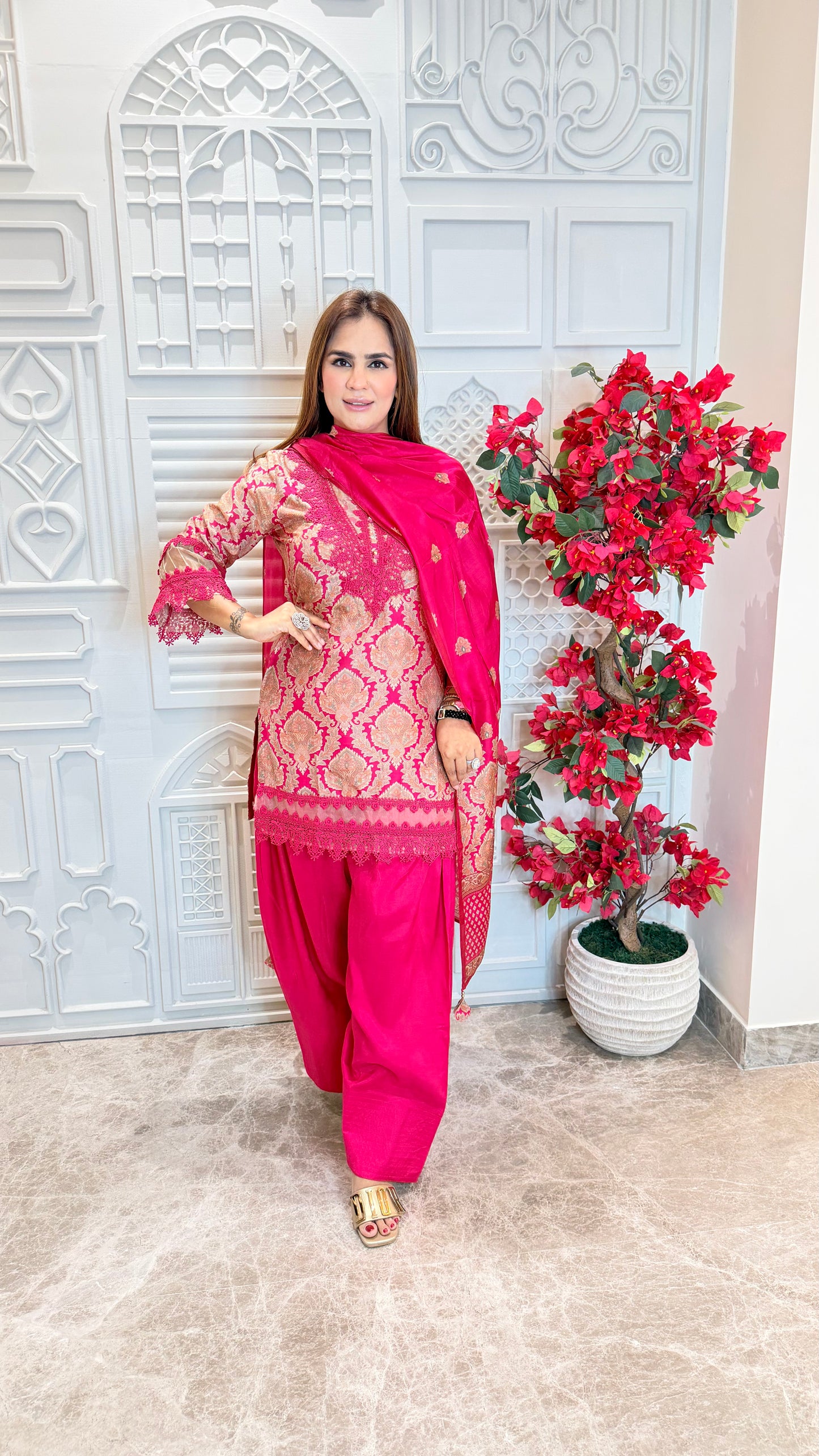 Beautiful jacquard short kurta paired PC3581