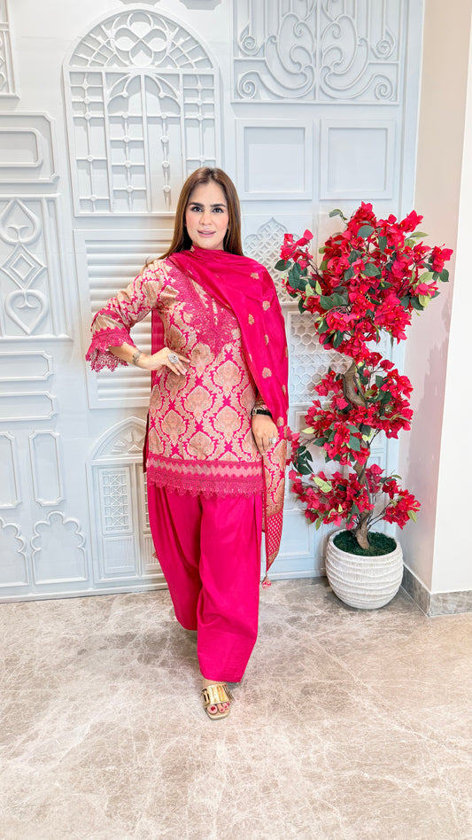 Beautiful jacquard short kurta paired PC3581