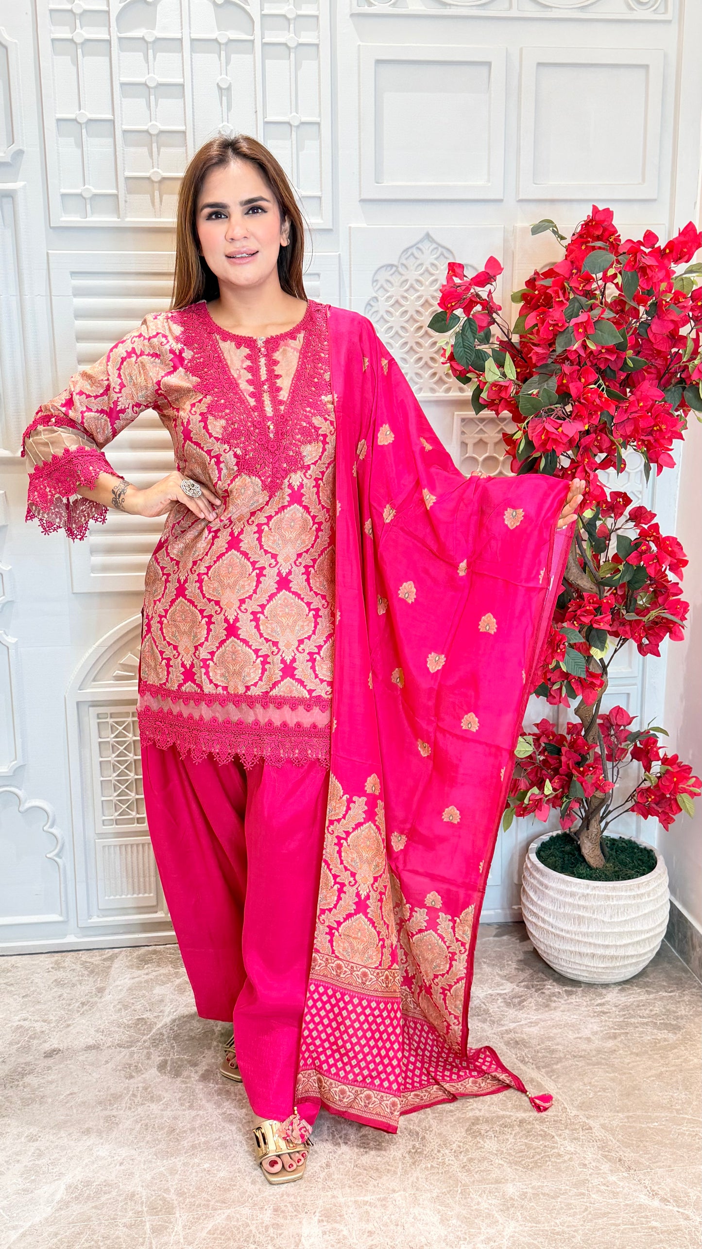 Beautiful jacquard short kurta paired PC3581
