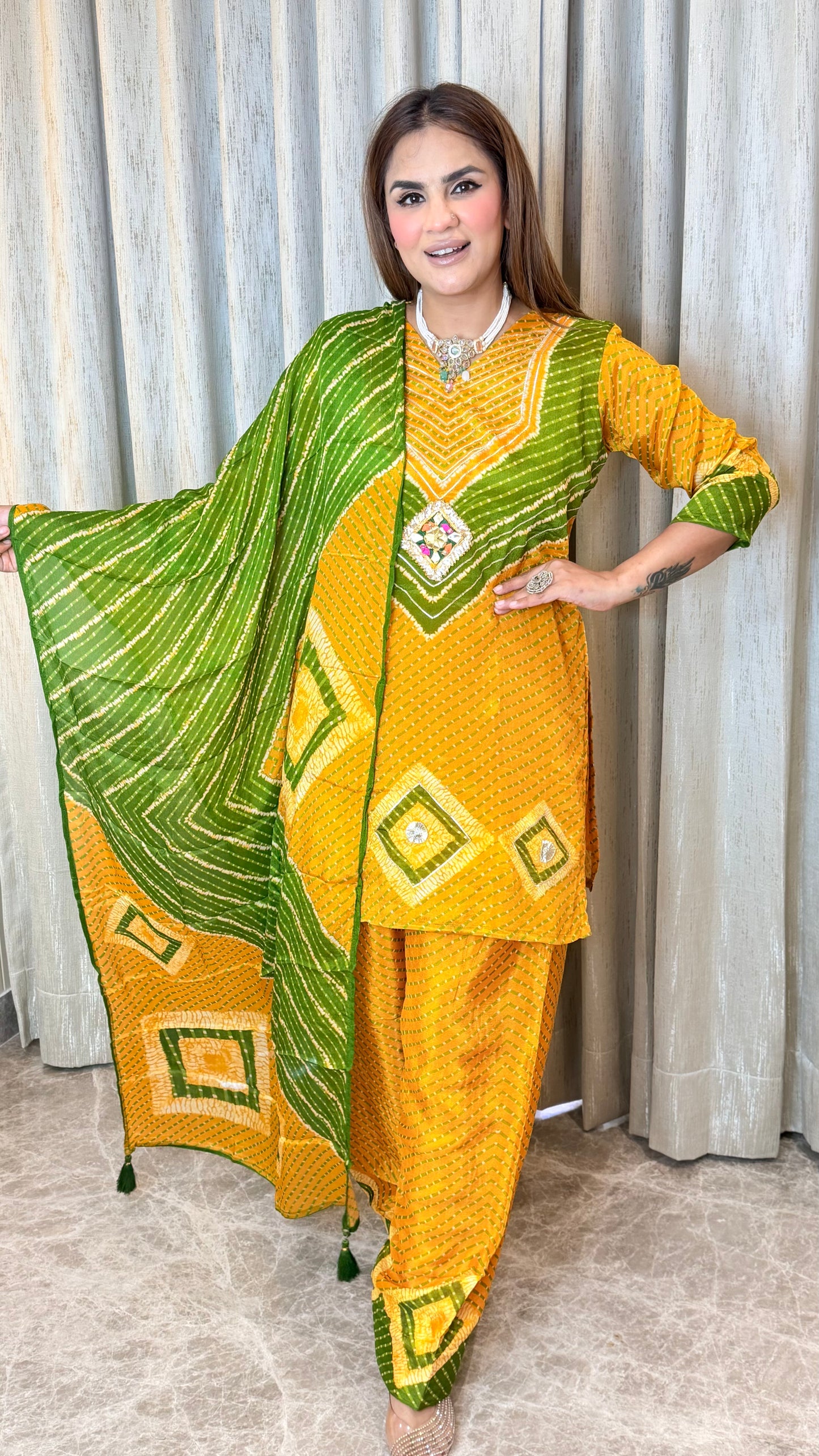 Elegant mustard yellow and green bandhani-print salwar suit pc3596