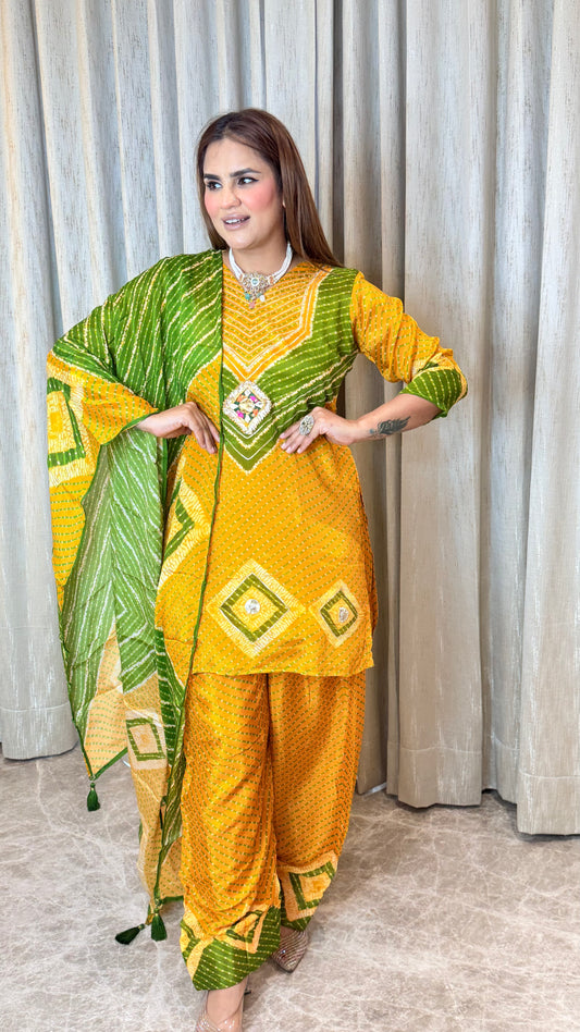 Elegant mustard yellow and green bandhani-print salwar suit pc3596