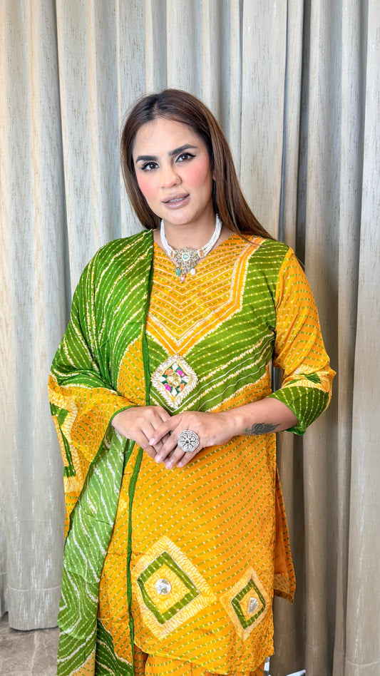 Elegant mustard yellow and green bandhani-print salwar suit pc3596