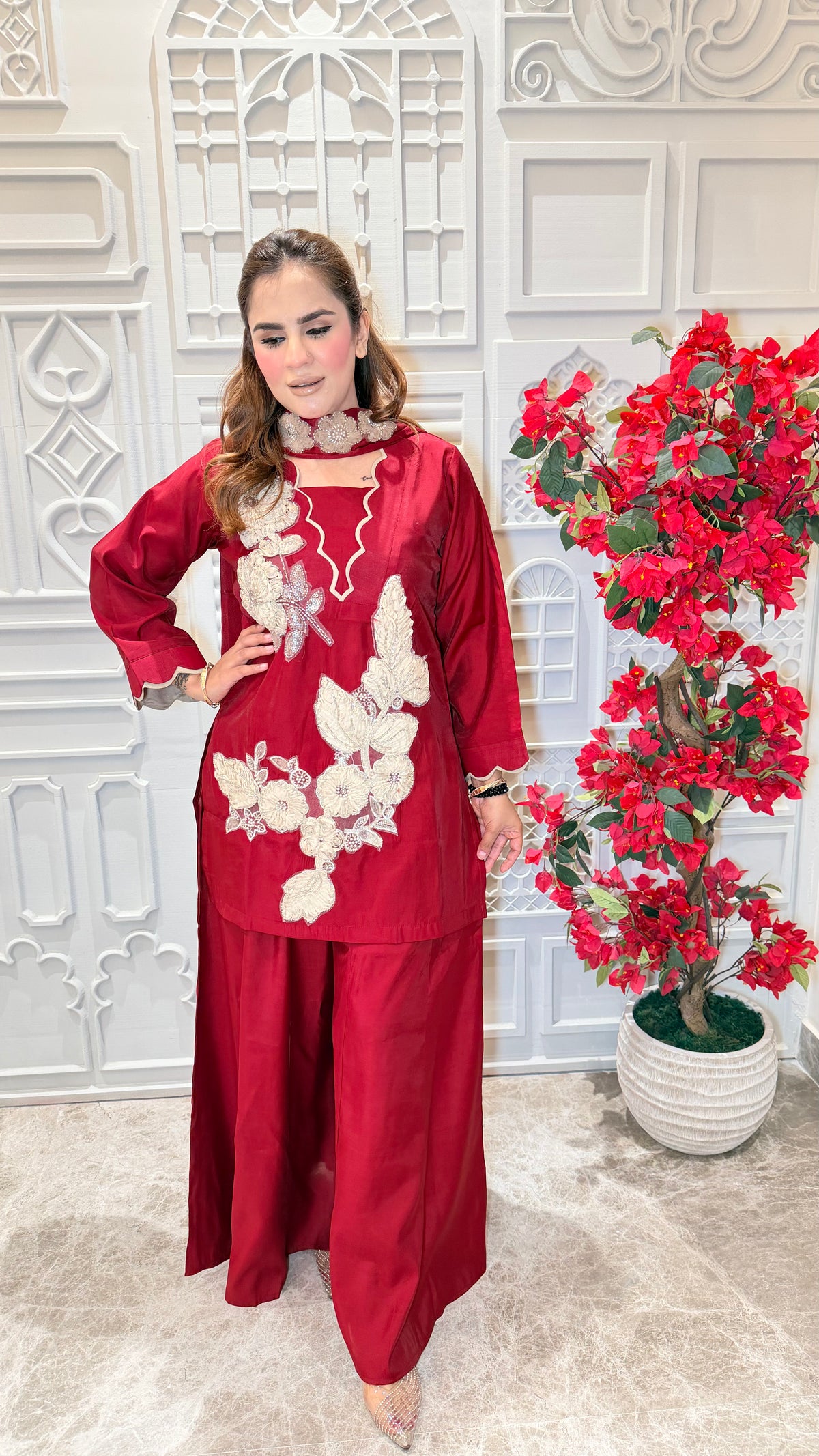 Beautiful three-piece ethnic set features striking white floral work PC3602