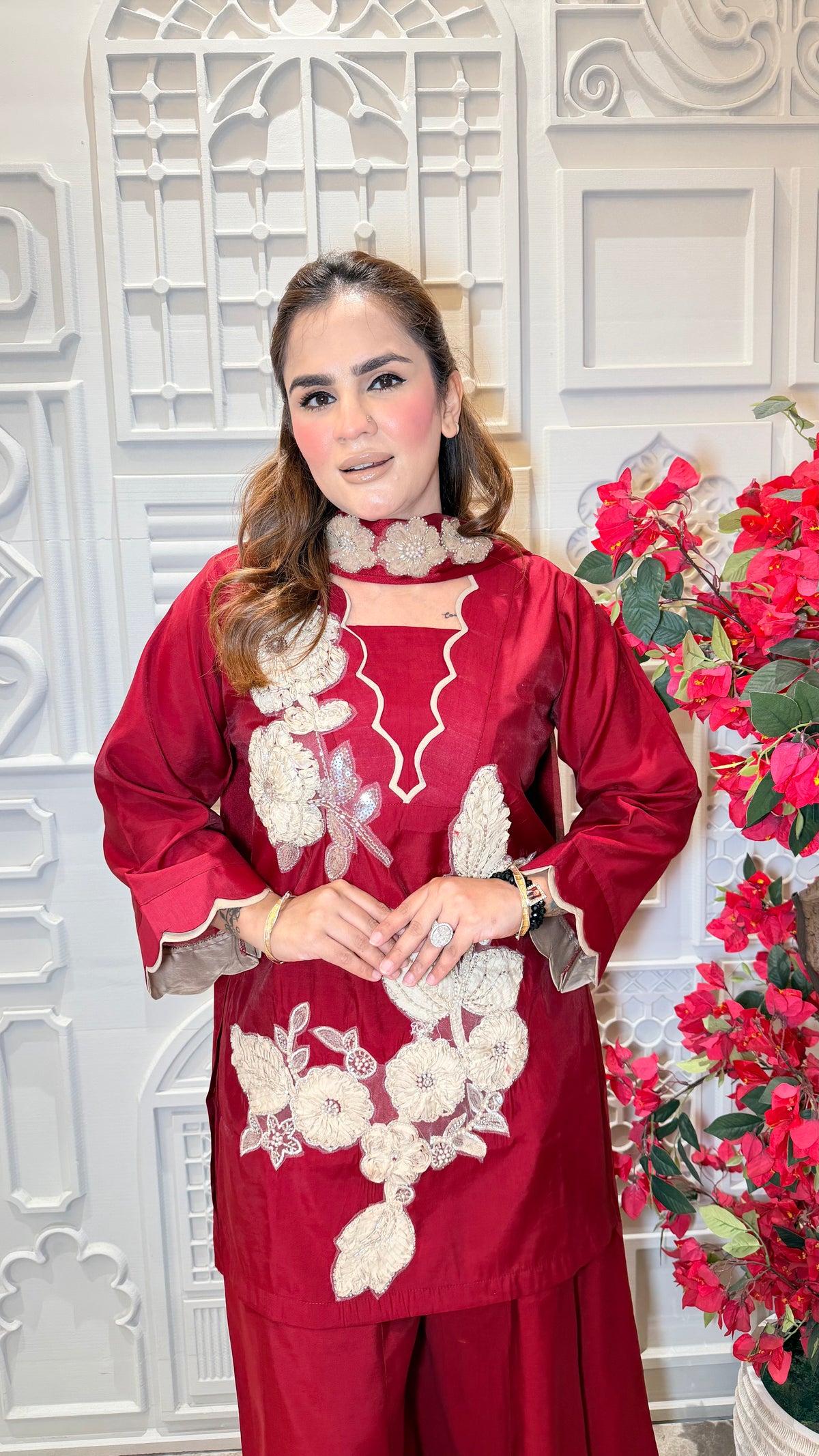 Beautiful three-piece ethnic set features striking white floral work PC3602